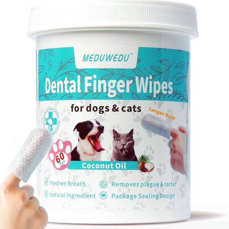 Lenços Dentais para Gatos e Cães MEDUWEDU com Dedo, Aroma de Coco, Tamanho Grande, 60 unidades