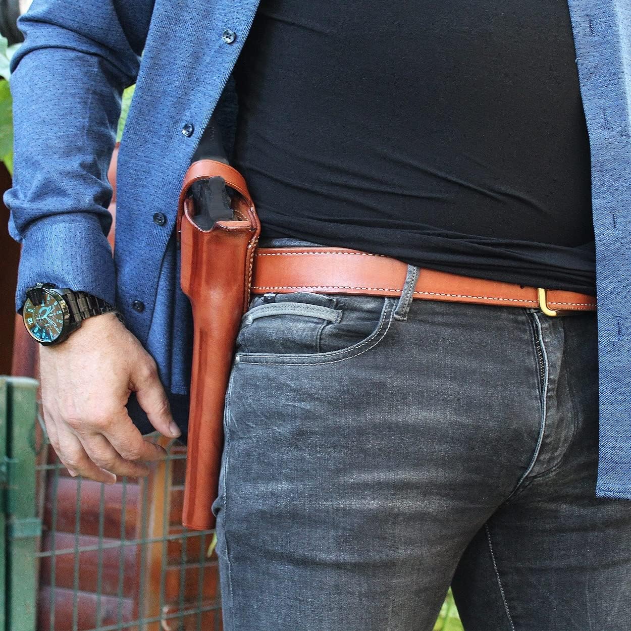 Masc Premium Leather Three Slots Belt Holster with Retention Strap Fits Model 500 X-Frame 8 3/8-inch, Right Hand Draw, Brown Color #1436#