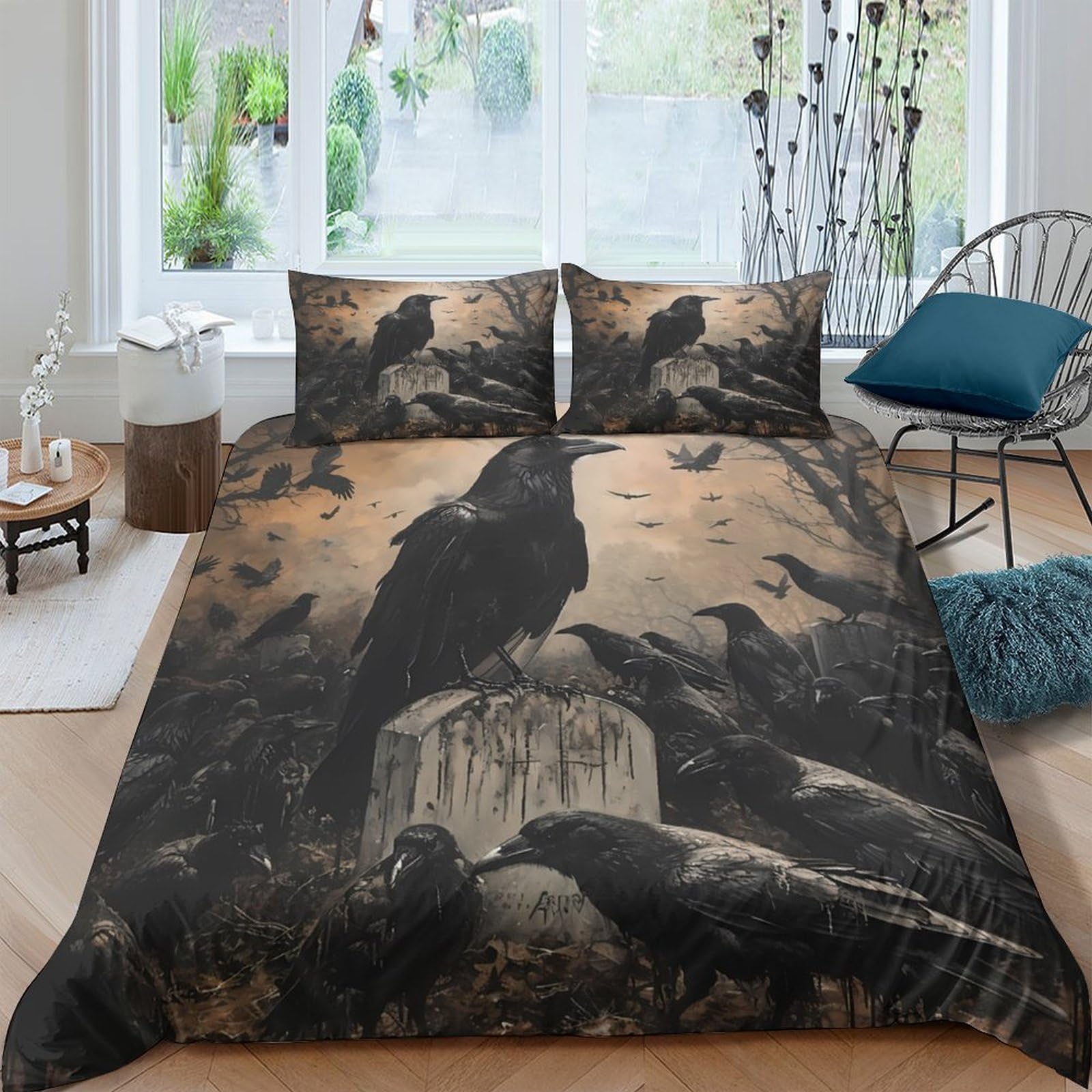 Ctjqhvkz Style-9 3D Printed Gothic Raven Fitted Sheet Microfiber Dark Crow Bed Cover For Bedroom Decor Protection Machine Washable Single（135X200cm）