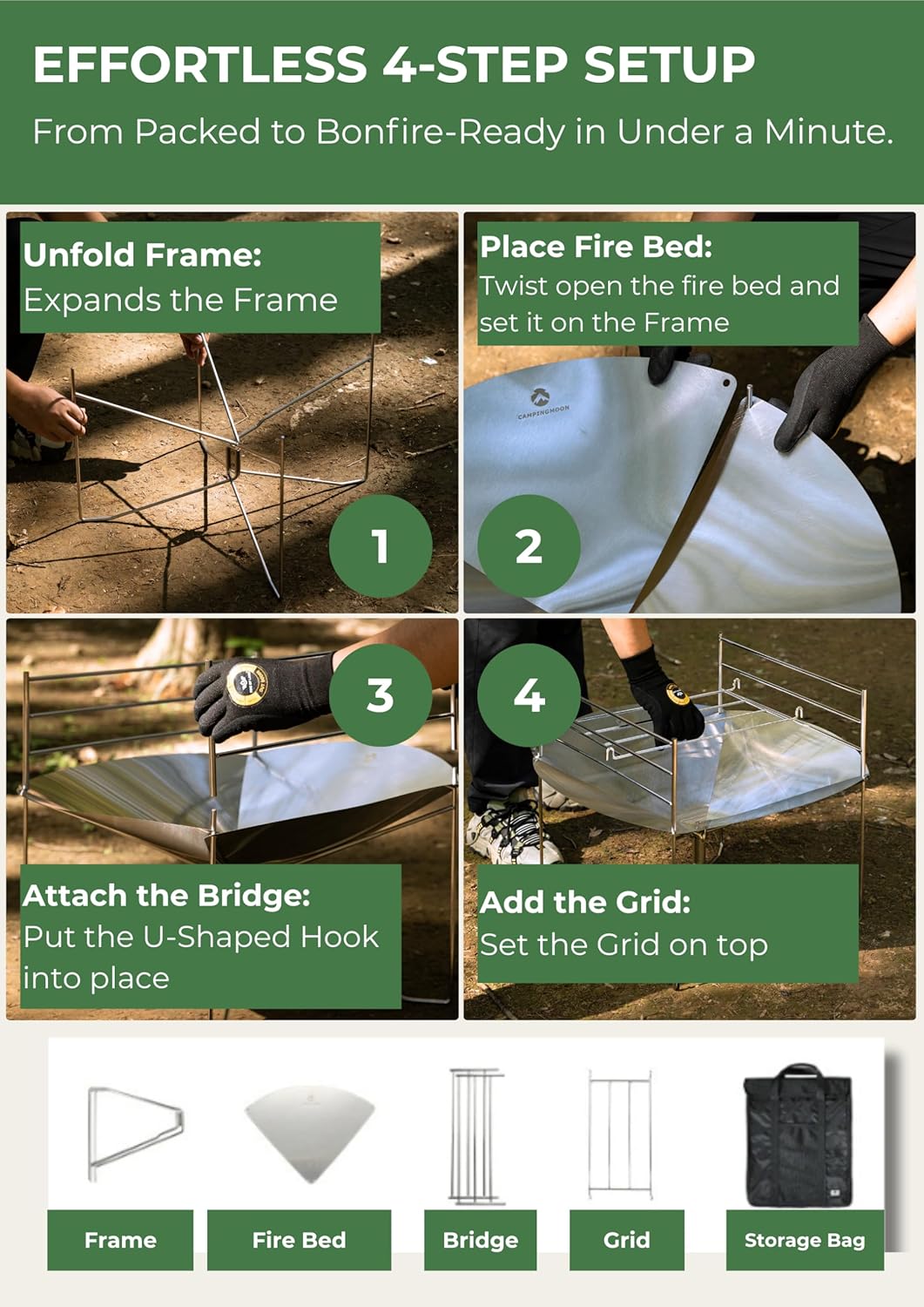 CAMPINGMOON Portable Fire Pit 22 Inch Large Round Lightweight Foldable Overland Group Camping Outdoor Solo Grill Carry Bag Solo-A3