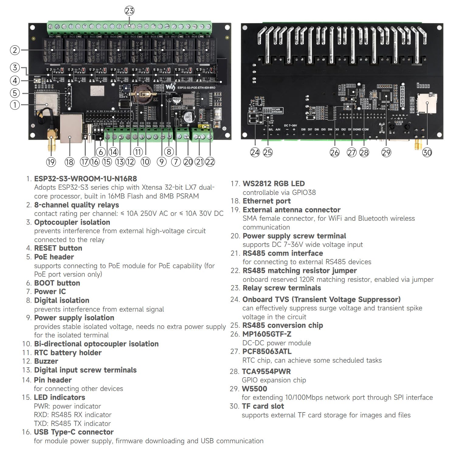 Waveshare ESP32-S3-ETH-8DI-8RO(Common Network Port), Industrial 8-Ch ESP32-S3 WiFi Relay Module, Isolated RS485 Interface, Xtensa 32-bit LX7 2-Core Processor, Up To 240MHz, Multi Isolation Protection