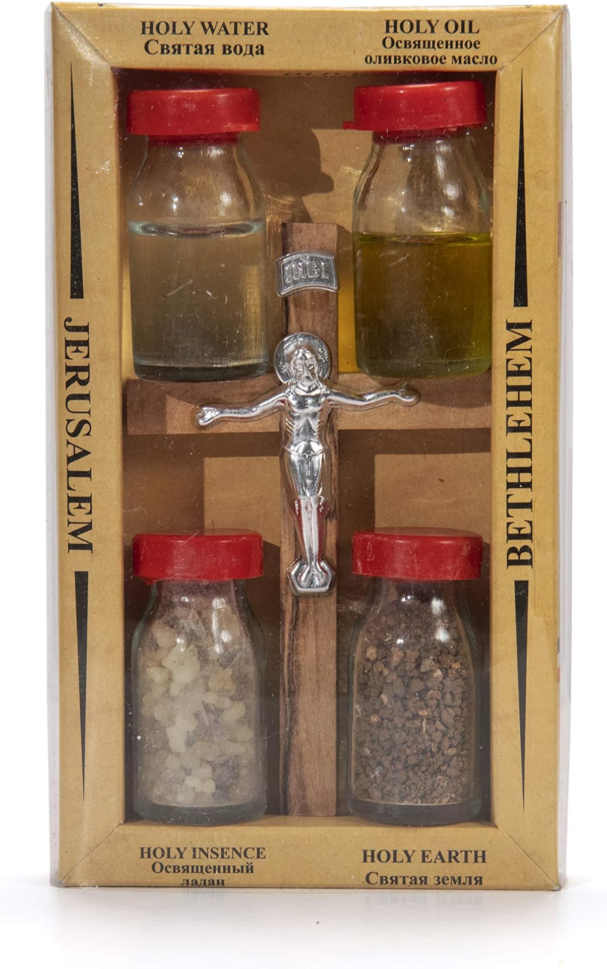 Christian Gifts Crucifix with Holy Water, Anointing Oil, Frankincense & Earth - Made in Bethlehem