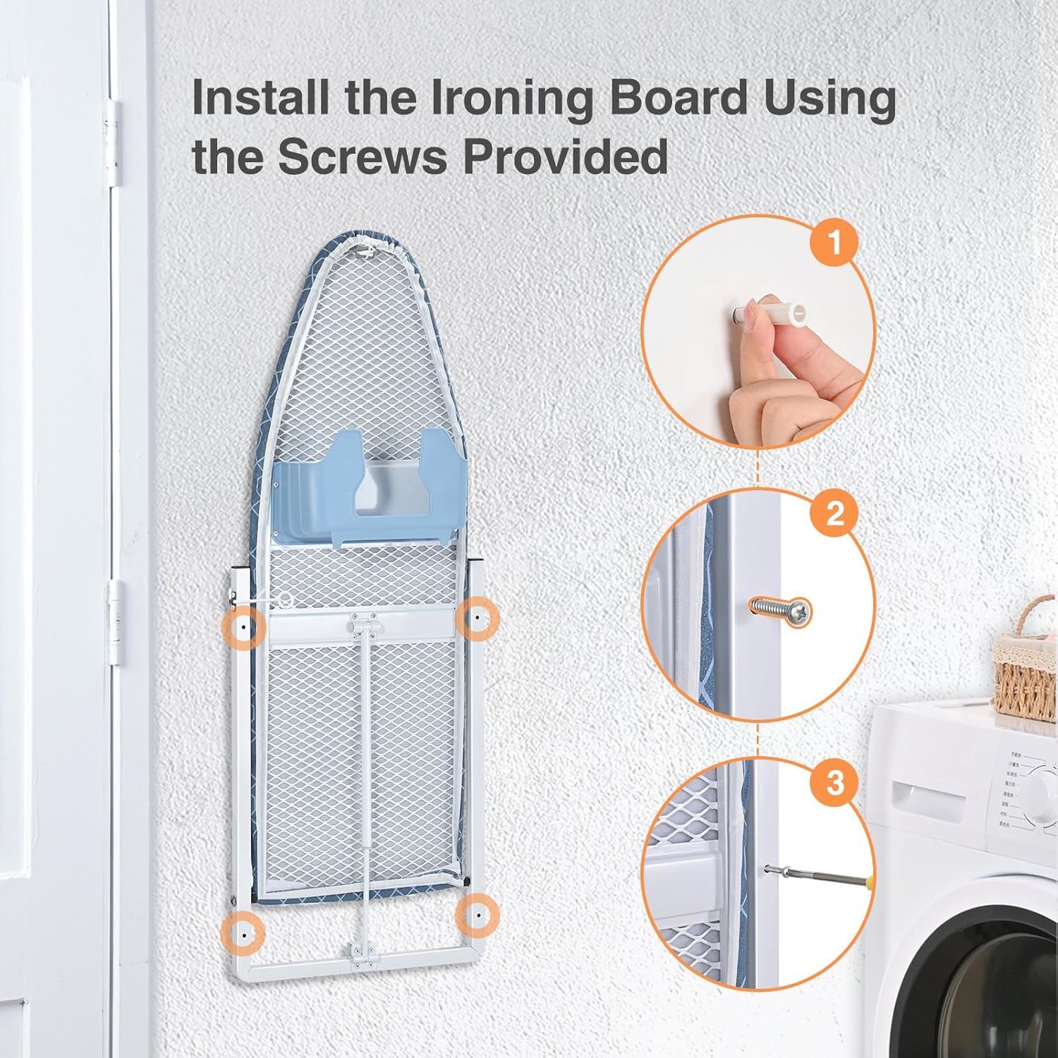 KINGBOARD Wall Mounted Ironing Board with Iron Holder, Compact Ironing Board for Small Spaces, Foldable Iron Stand Heat Resistant Cover, 36" X 12" Deep Blue