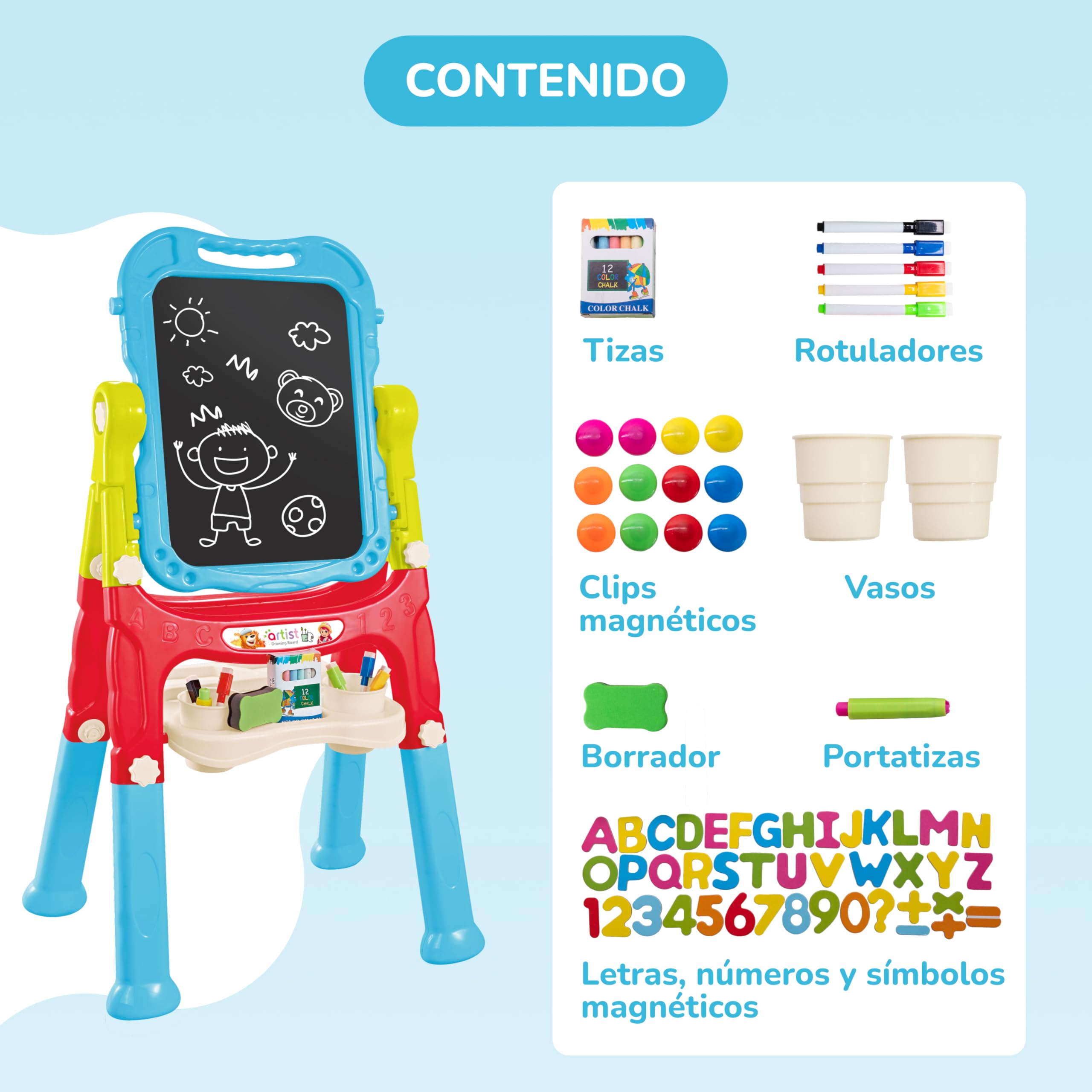GalPat Baby Pizarra Infantil Magnética Doble Cara, Caballete para Niños con Altura Regulable, Incluye Tizas, Rotuladores, Letras y Números Magnéticos, Ideal para Aprendizaje y Creatividad