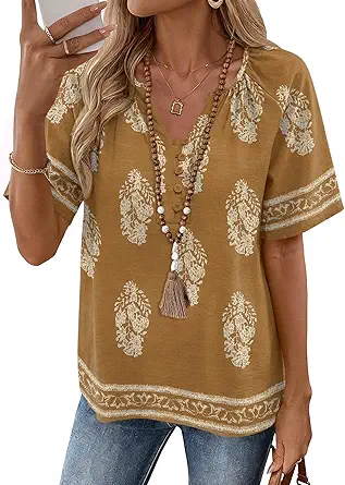 Women's Summer Boho Tops Casual Short Sleeve Blouses Button-Down Shirts