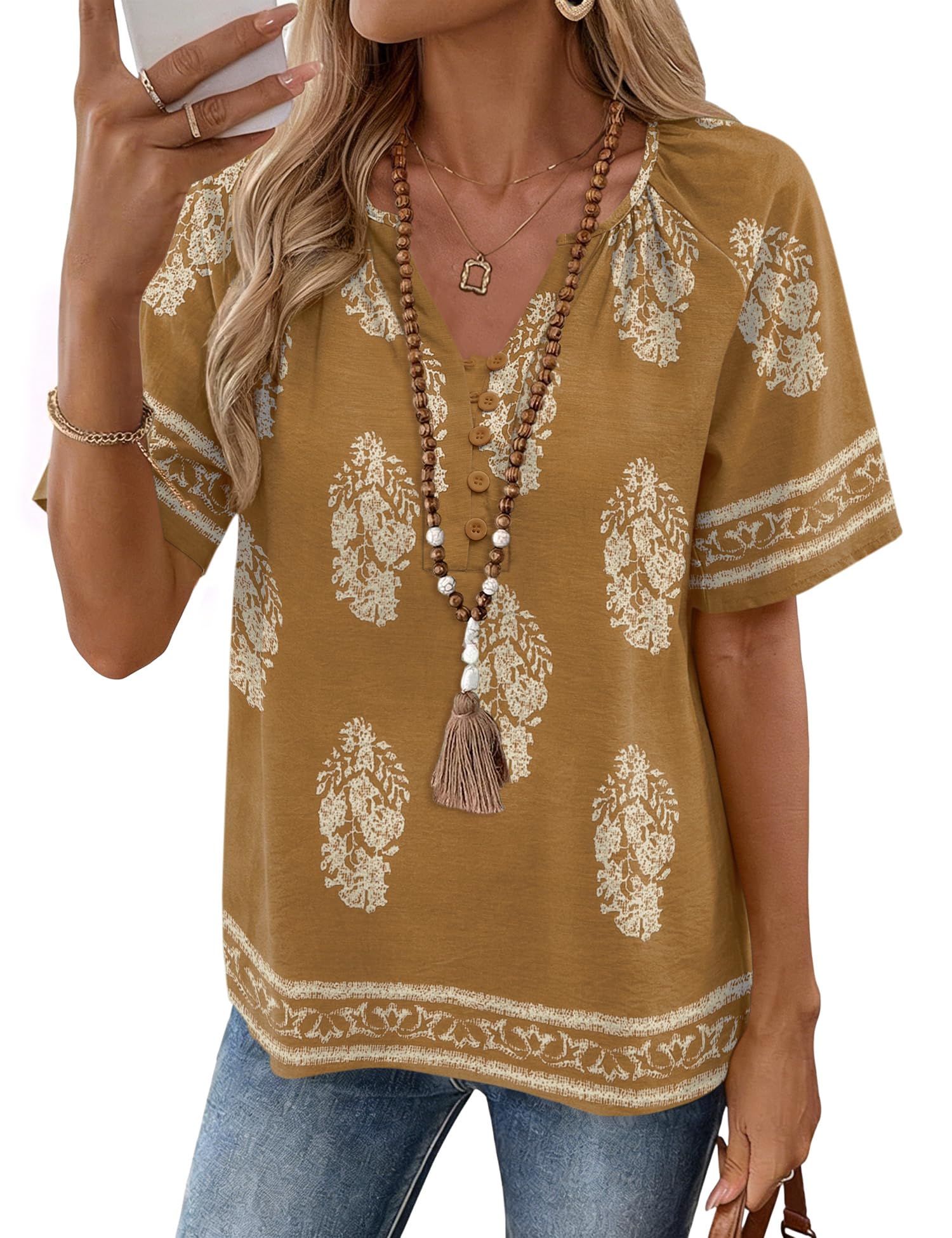 Rapbin Womens Summer Boho Tops Casual Short Sleeve Blouses Button Down Shirts 2026 Beach Vacation Clothes — view 18