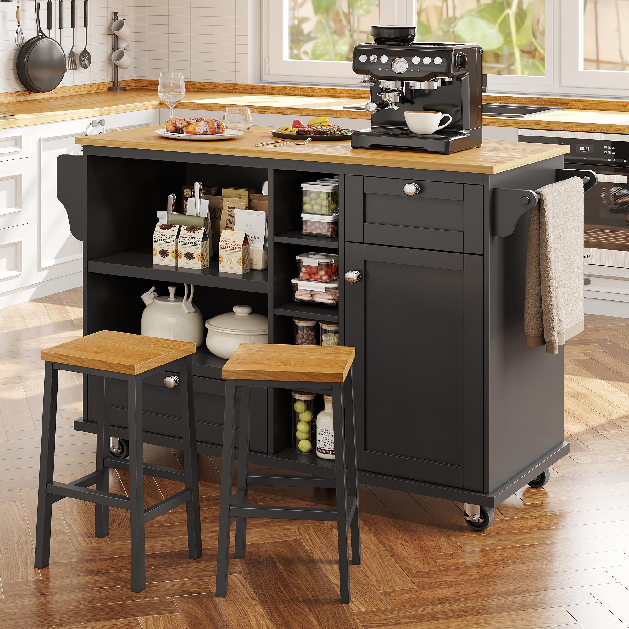 ModernLuxe Mobile Kitchen Islands Black Kitchen Sideboard Cart Worktop Cart with Storage Cupboards,Drawers 129 x 46 x 92 cm