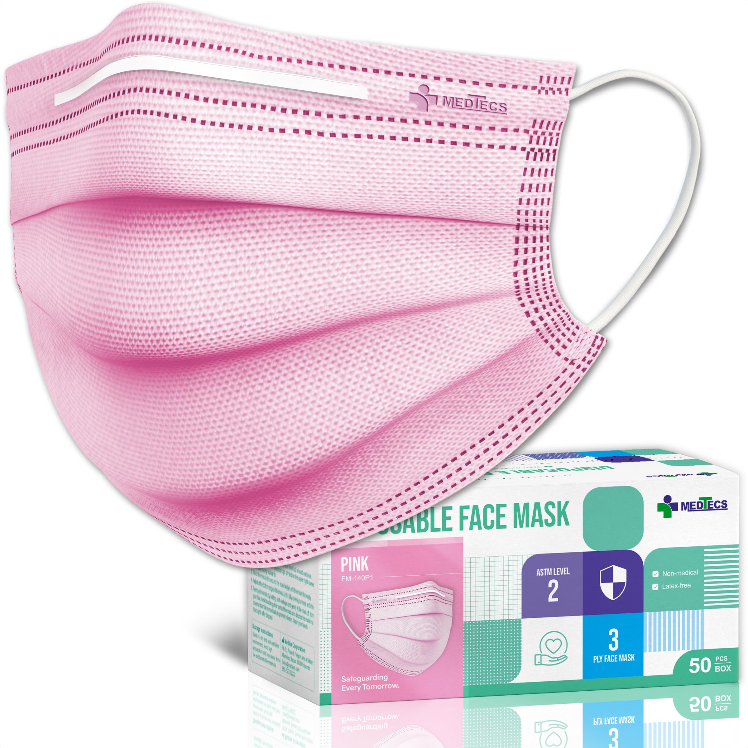 Medtecs Face Mask Disposable - 50/2000 Pack - Comfortable 3 Layer Breathable Mask, The Better Protection and Health Choice - CoverU Adult Mask - Pack of 50 - Pink