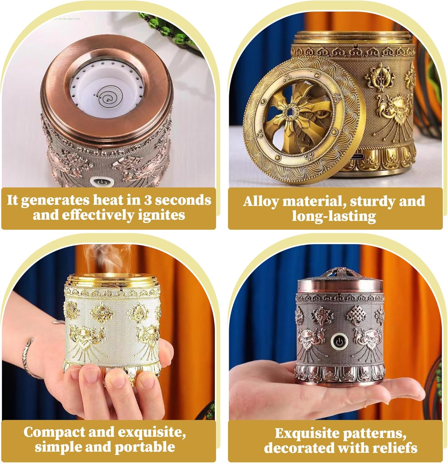 Car Incense Burner Electric Incense Burner Portable Vintage Electric Bakhoor USB Rechargeable Golden Aromatherapy Diffuser for Car Home Office 3x3.9 inch