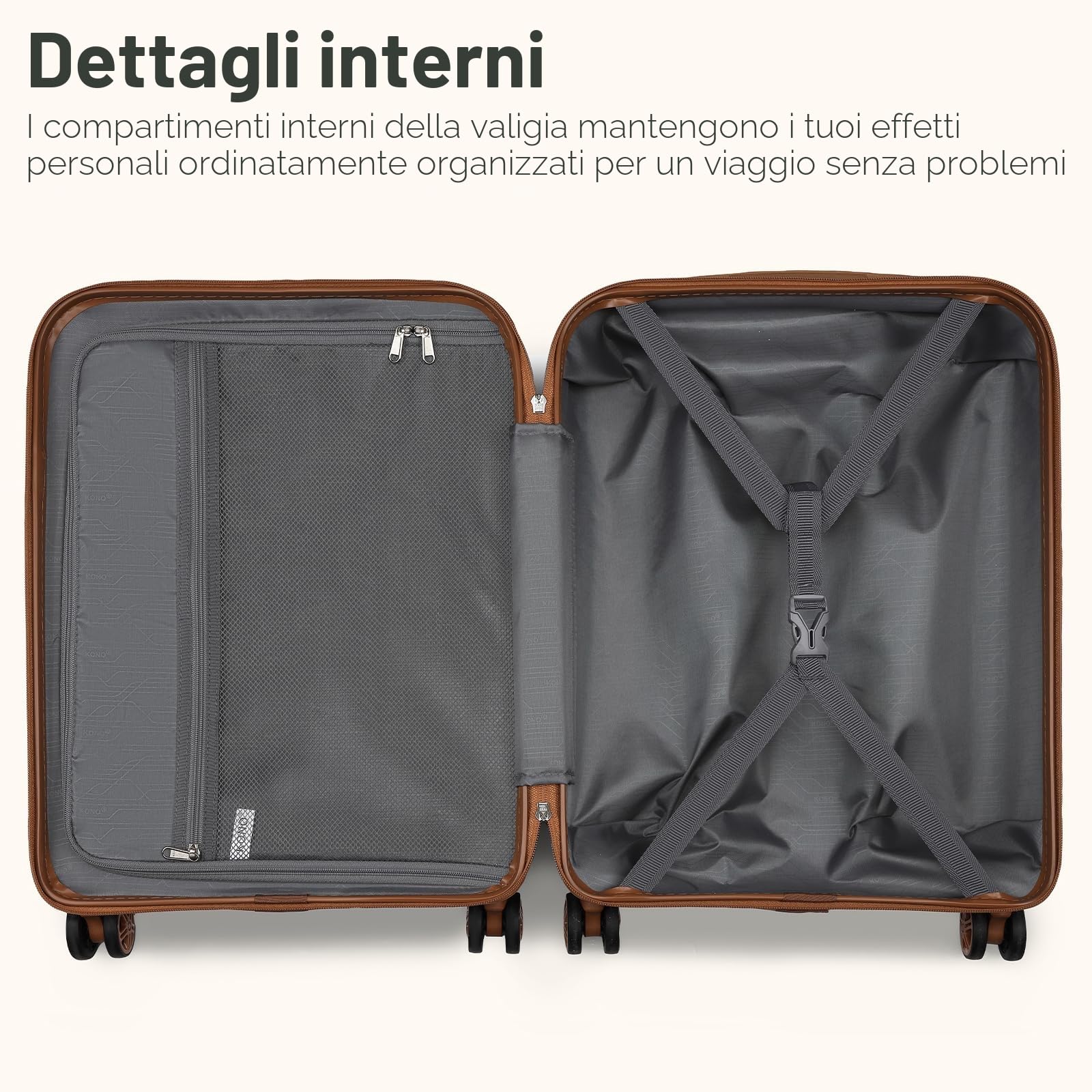 KONO Set di valigie Valigia bagaglio a mano ABS+PC Hardshell Travel Trolley con serratura TSA e 4 ruote Spinner, Crema/Marrone, 20 Inch Luggage Set, Valigia da viaggio leggera con guscio rigido