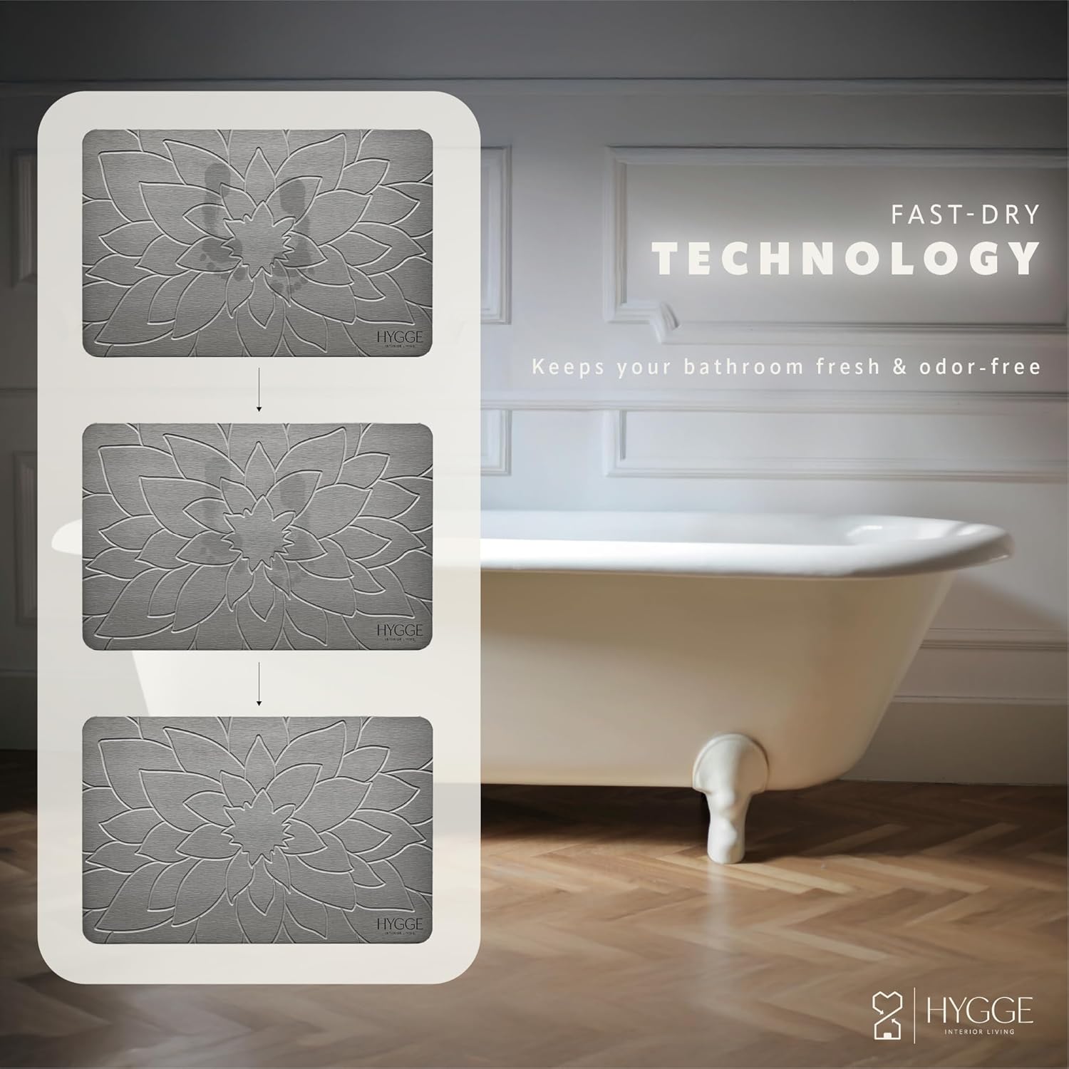 Diatomaceous Earth Stone Bath Mat - Non-Slip Stone Shower Mat, Quick Drying, Super Absorbent, Modern & Elegant Design, 23.6 x 15.4 Inches - Ash Bloom