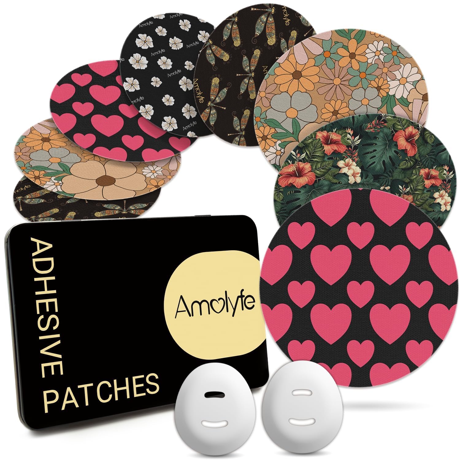 Dexcom G7 Over Patches, Amolyfe 20-Pack Dexcom Stelo Adhesive Patches Waterproof Bump-Proof with 2 Hard Caps and Storage Case, Breathable Medical Overpatch, 10-Day CGM Protection (Heart)