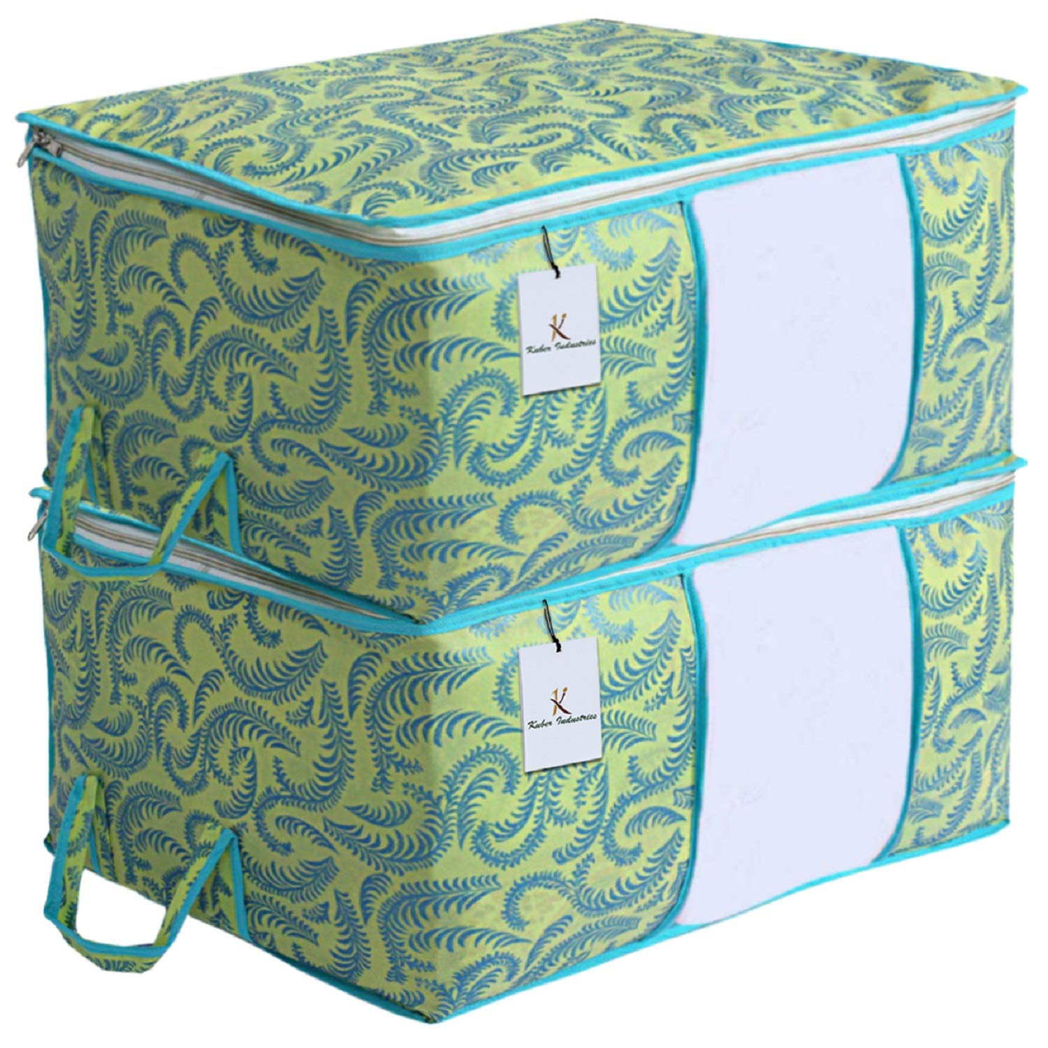 Kuber Industries 2 Pcs Non-Woven Metallic Print Non Woven Underbed Bag|Storage Organiser|Blanket Cover with Transparent Window|Storage Bag for Clothes Large (Olive Green)-image-48