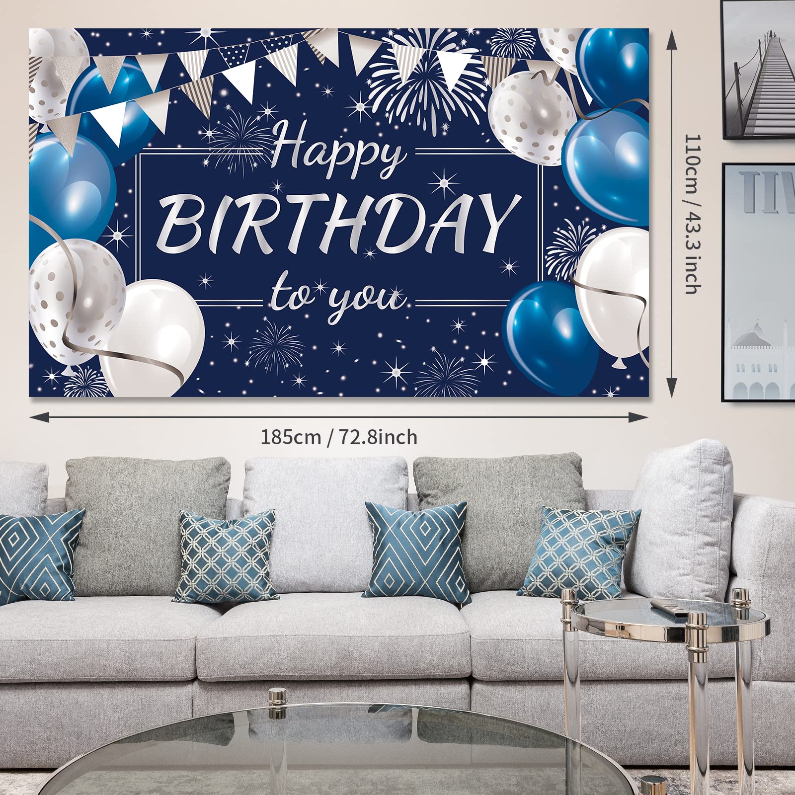 Happy Birthday Backdrop Banner - Navy Blue & Silver Photo Background, 72.8x43.3 Inch