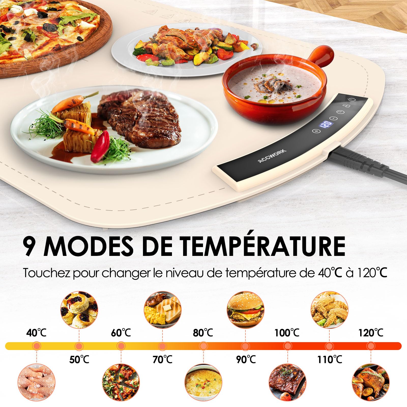 Accwork Chauffe Plat Électrique avec Température Réglable 40°C - 120°C et Minuteur de 6 Options, Plaque Chauffante pour Fêtes et Buffets - Chauffage Rapide et Stockage Enroulable