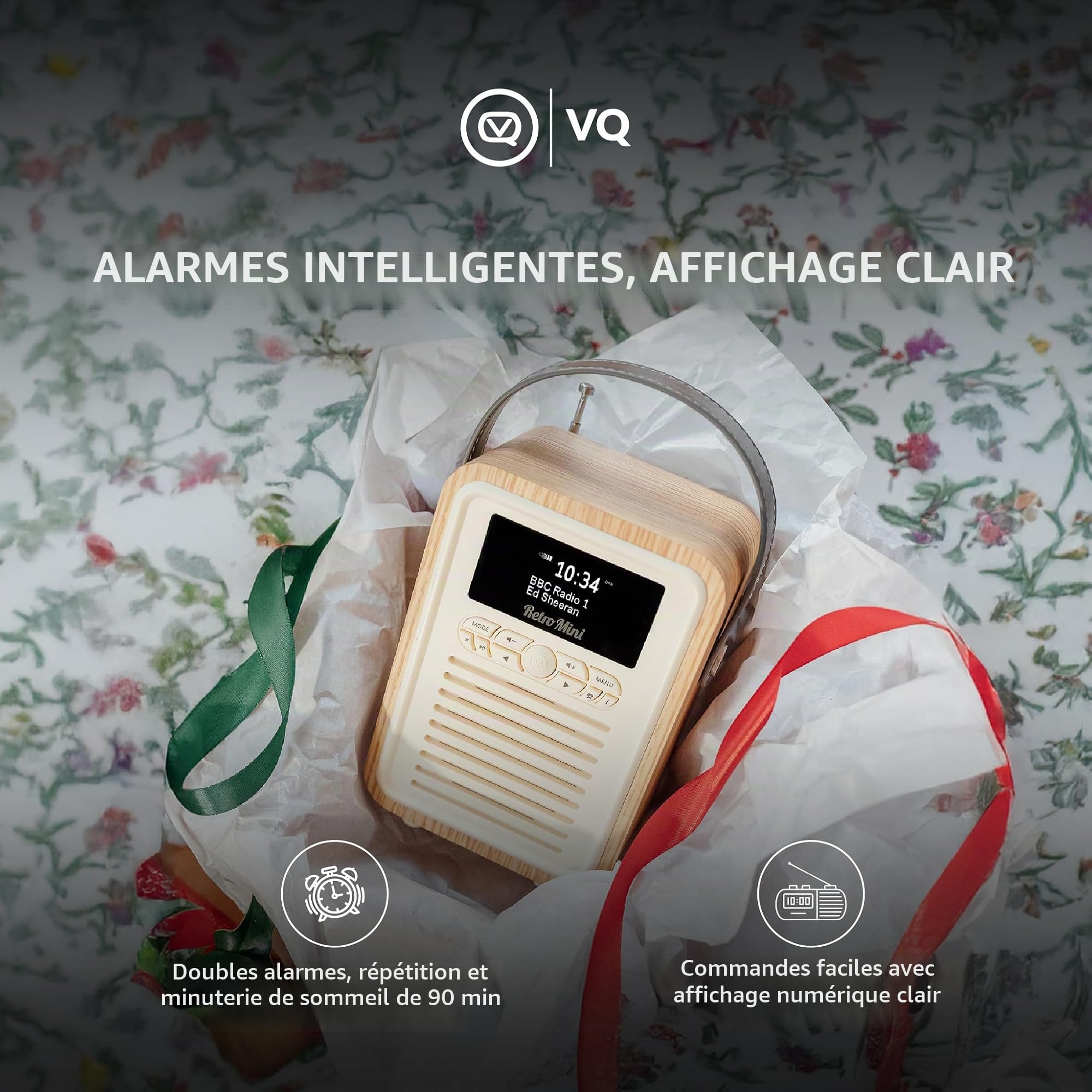 VQ Retro Mini Radio Dab Plus/Dab avec Bluetooth, FM et Radio Réveil Fonction - Alimentée par Secteur et Batterie Radio Portable avec Antenne, Prise Casque et Port de Charge USB – Chêne