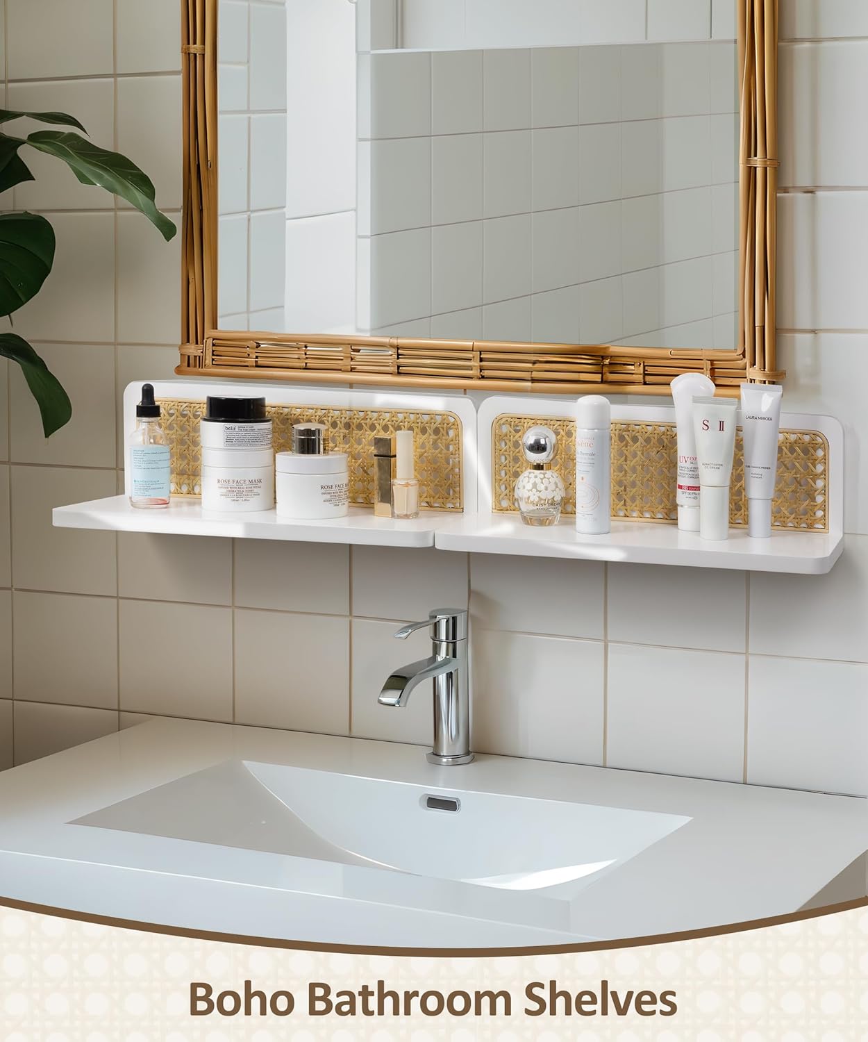 Rattan Floating Shelves, Boho Cane Webbing Wall Shelves Farmhouse Display Storage Organizer White Bookshelves Wicker Room Decor for Living Room Bedroom Entryway Hallway Bathroom, Set of 2