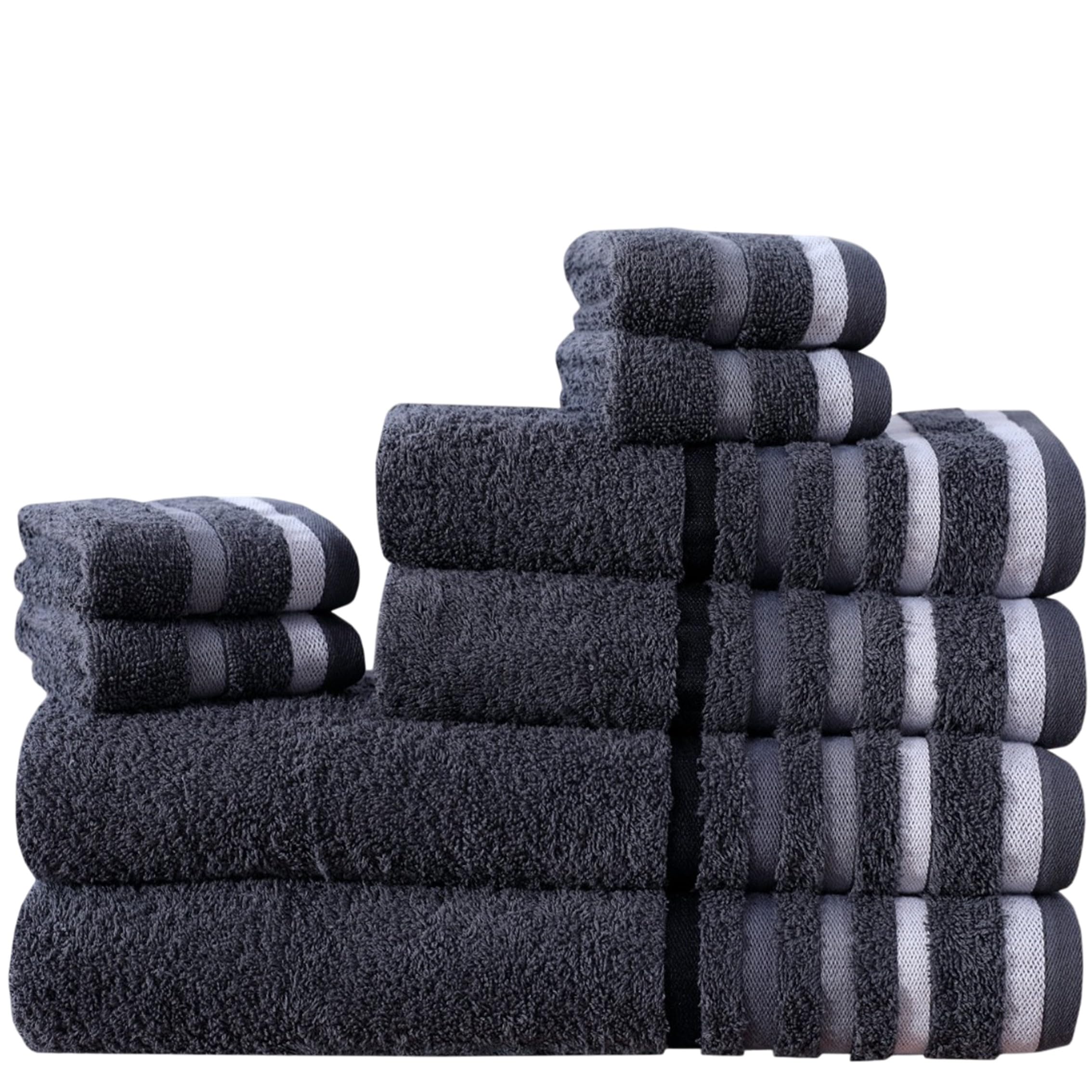 8 Piece Towel Set – 100% Natural Cotton, 600 GSM – Includes 2 Bath Towels, 2 Hand Towels, 4 Face Cloths – Ultra Soft, Highly Absorbent, Quick-Dry – Hotel Spa Quality Bale Set (Charcoal Stripe Border)