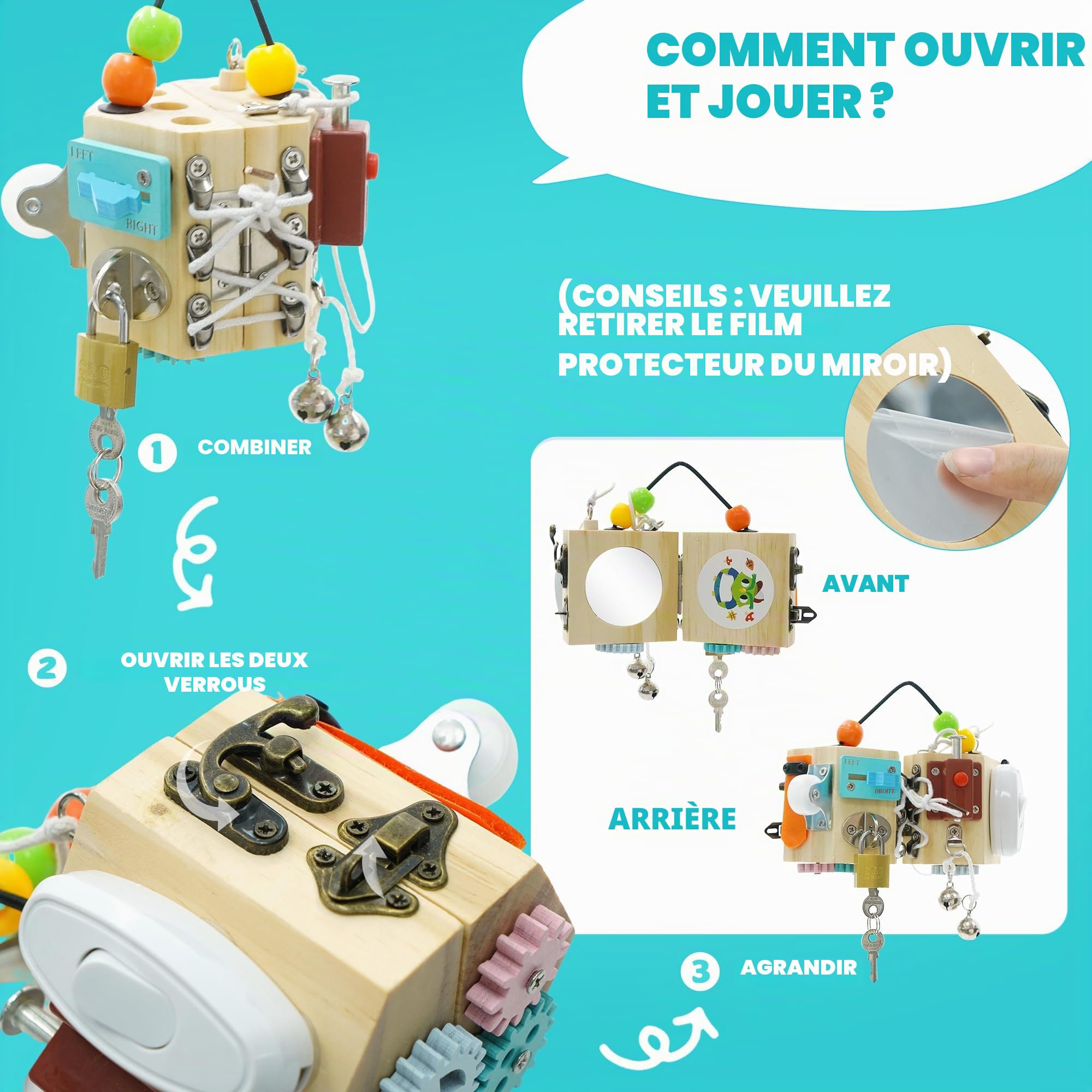 Busy Board Jouet Educatif pour Apprendre Motricité Fine,15 en 1 Busy Board Bois Cubique Activit Sensoriel pour Enfants,Jeux Portable pour Enfants Activités Montessori 3 4 Ans