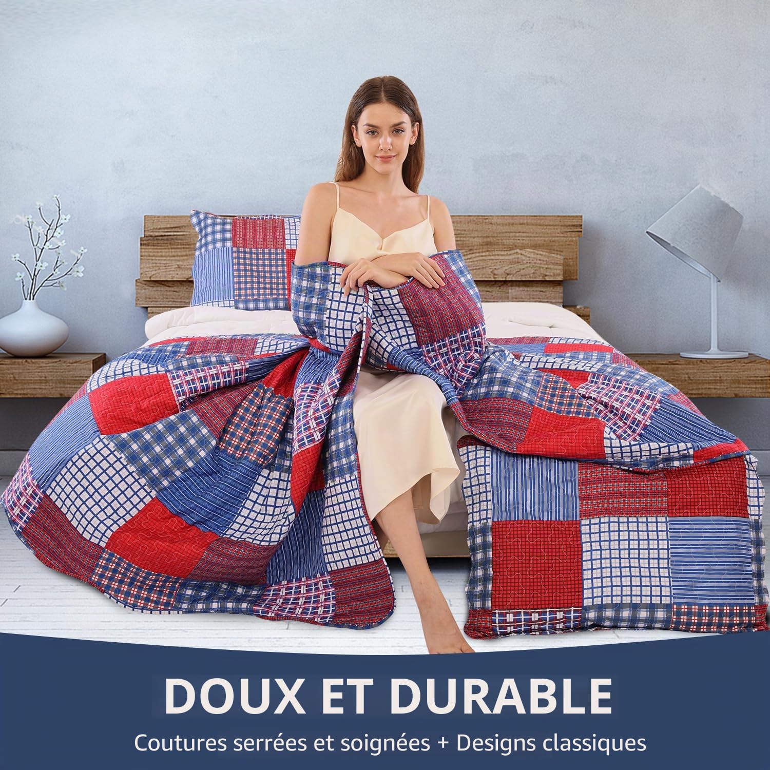 Jessy Home Couvre-lit réversible léger en Patchwork avec 2 taies d'oreiller pour Homme Rouge/Bleu