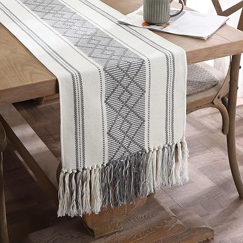 LUFEIJIASHI Caminos de mesa tejidos estilo granja, caminos de mesa bohemios de 72 pulgadas de largo con borlas, elegantes caminos de mesa lavables