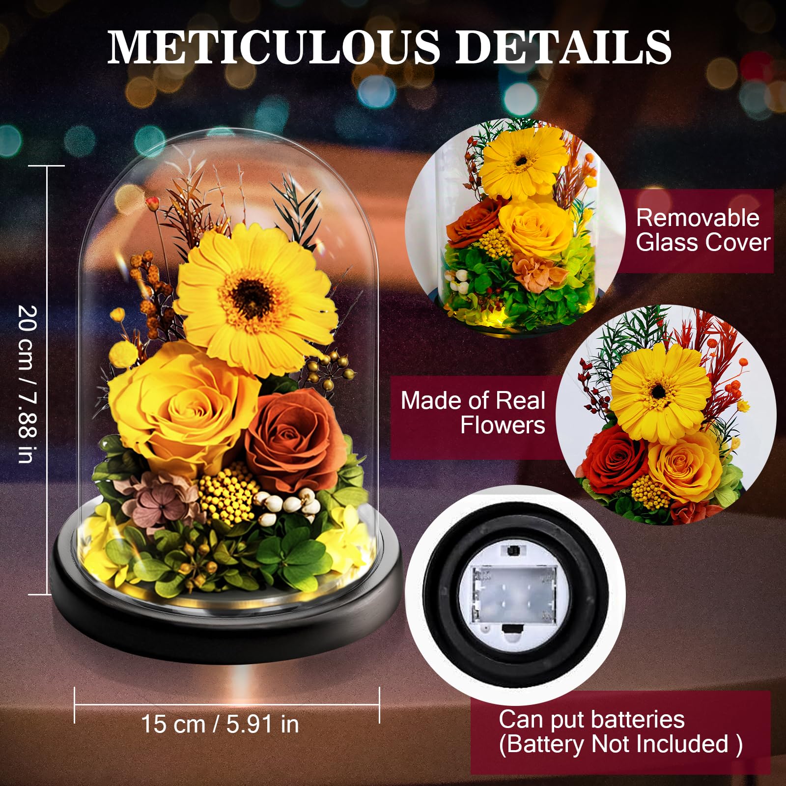 Touloube Gerbera y Rosa Eterna Preservadas en Cúpula de Cristal con Luz LED | Regalo de Día de la Madre para Mamá, Perfecta Regalo Girasol para Mujeres, Novia y Esposa | Flores Preservadas