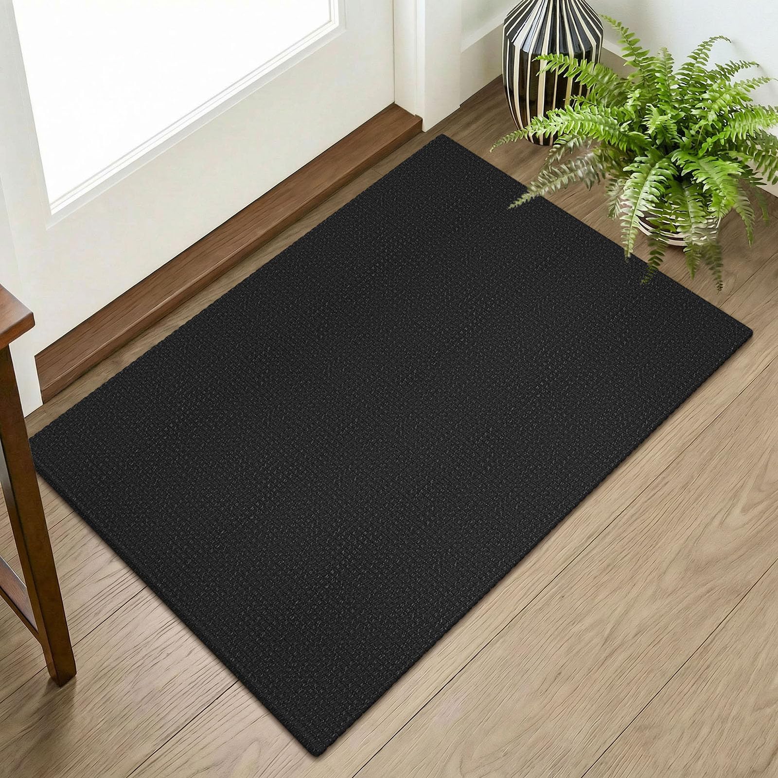 KOZYFLY Boho 2x3 ft Black Cotton Area Rug for Entryway, Bathroom, Kitchen - Rectangular, Geometric Pattern, Non-Slip Rubber Backed, Machine Washable