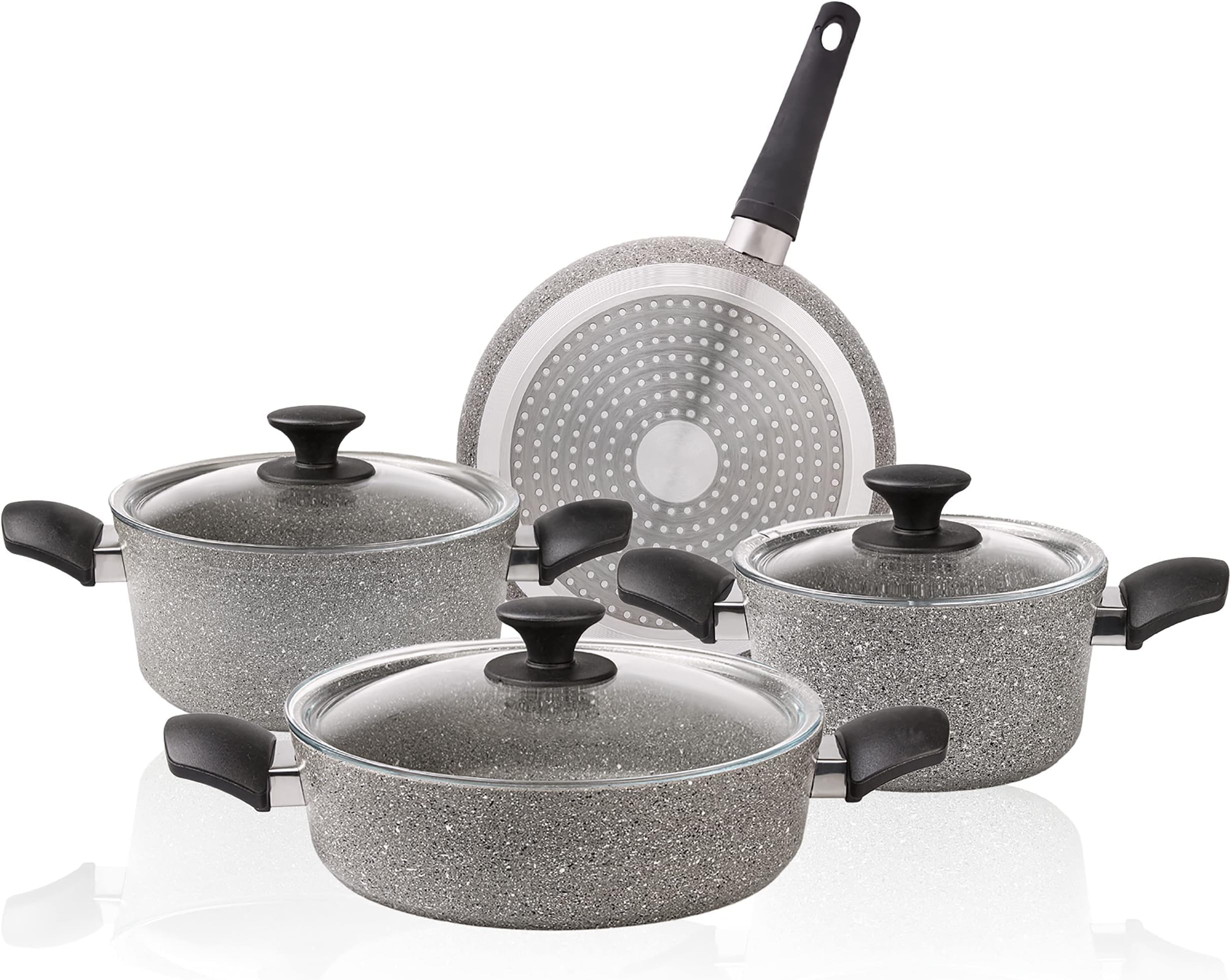 Karaca Biogranit cookware Set, Gray, 7-Piece cookware Set, Non-Stick Coating, Pot pan Set with Glass lids, Dishwasher-Safe, Granite