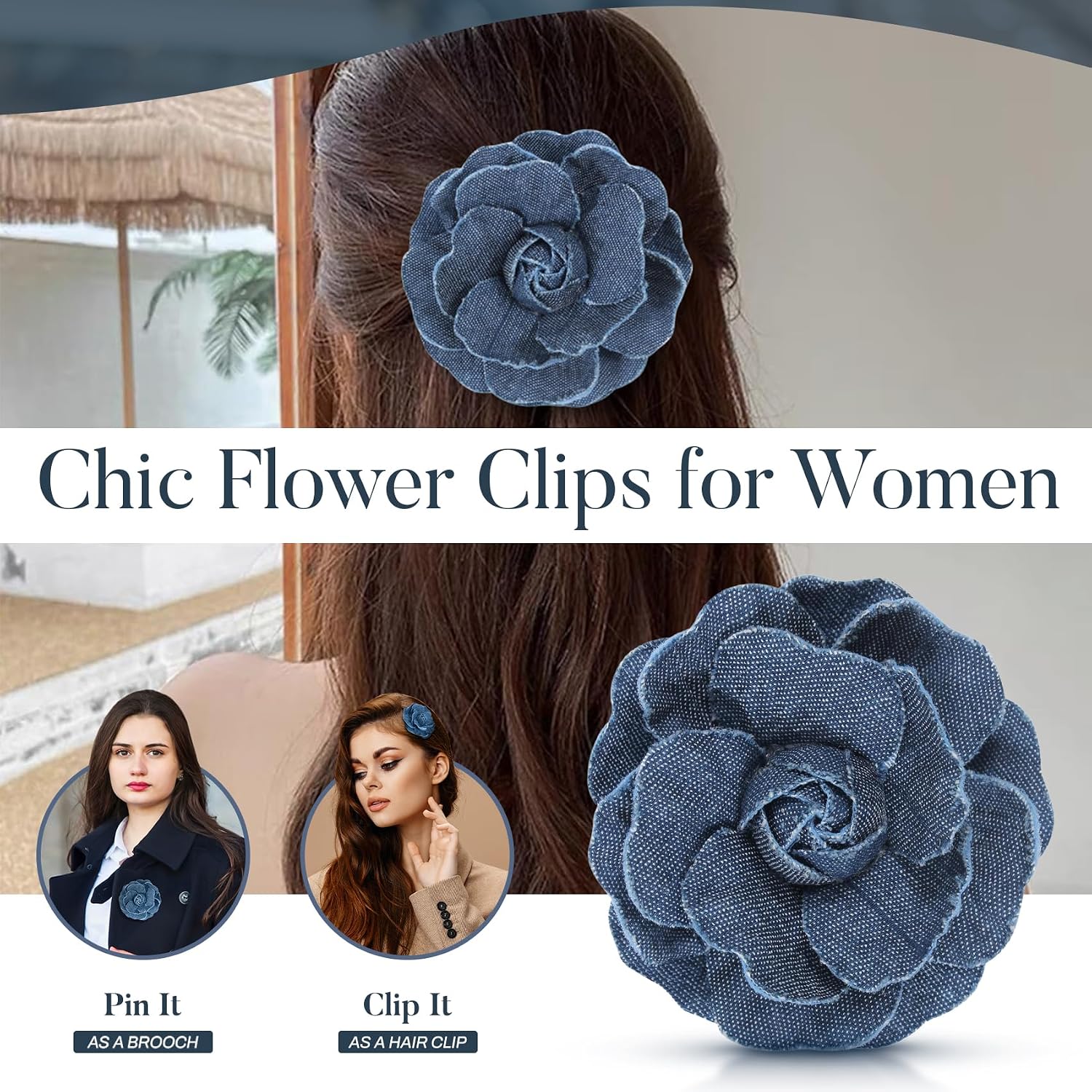 Camellia Rose Flower Brooch & Hairpin for Women - Floral Clip - 2.6 Inches