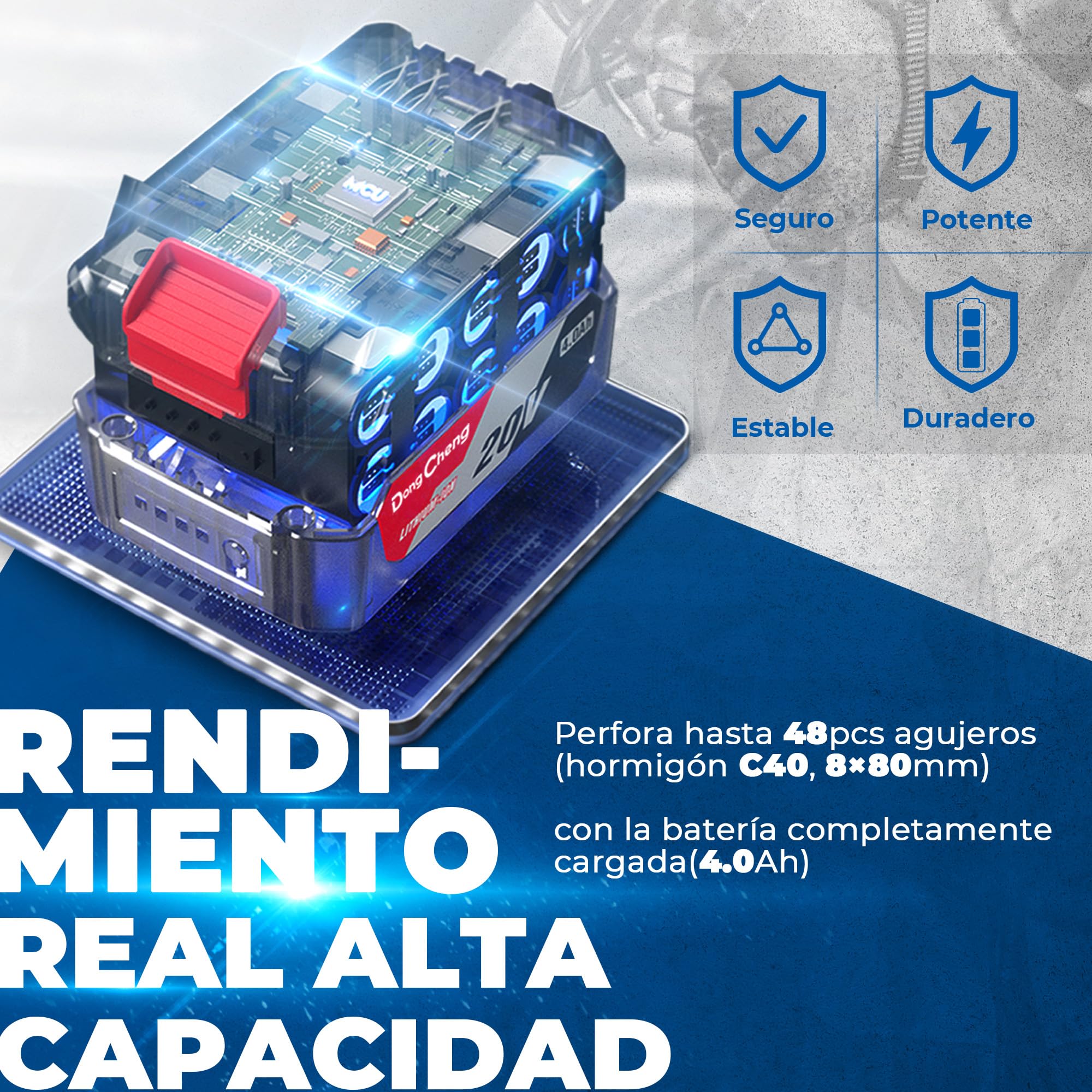 DongCheng Martillo perforador sin cable 18V, martillo percutor a batería 2,8 J, 4 piezas SDS-plus, perforación hasta 28 mm, motor sin escobillas empuñadura antivibración baterías 4Ah y cargador 2A