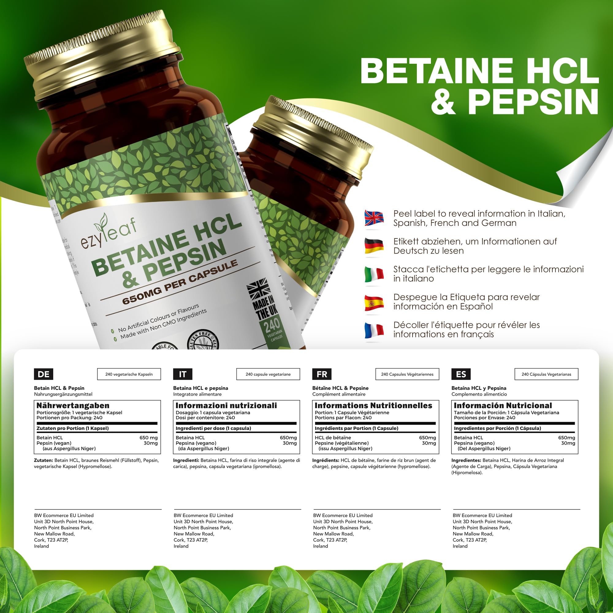 Ezyleaf Betaine HCL con Pepsina 680mg | 240 Cápsulas Veganas | Clorhidrato de Betaína con Pepsina | Suplementos de Enzimas Digestivas | Sin Ingredientes Artificiales | Certificado ISO, sin Gluten