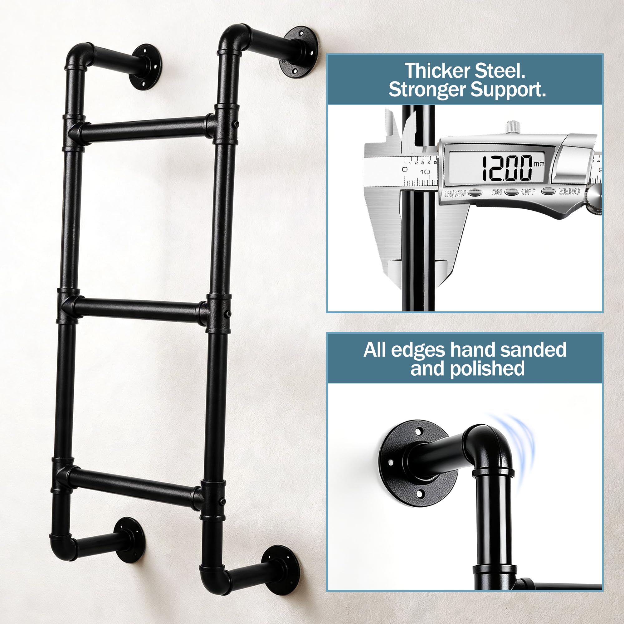 Etagenbettleiter, Wandmontage, Kellerfenster, Brunnenleiter, schwarzes Schmiedeeisen, industrielles Rohr, Trittleiter, belastbar 150 kg, Metall-Trittleiter für Dachboden, Dachboden, Wohnheim,