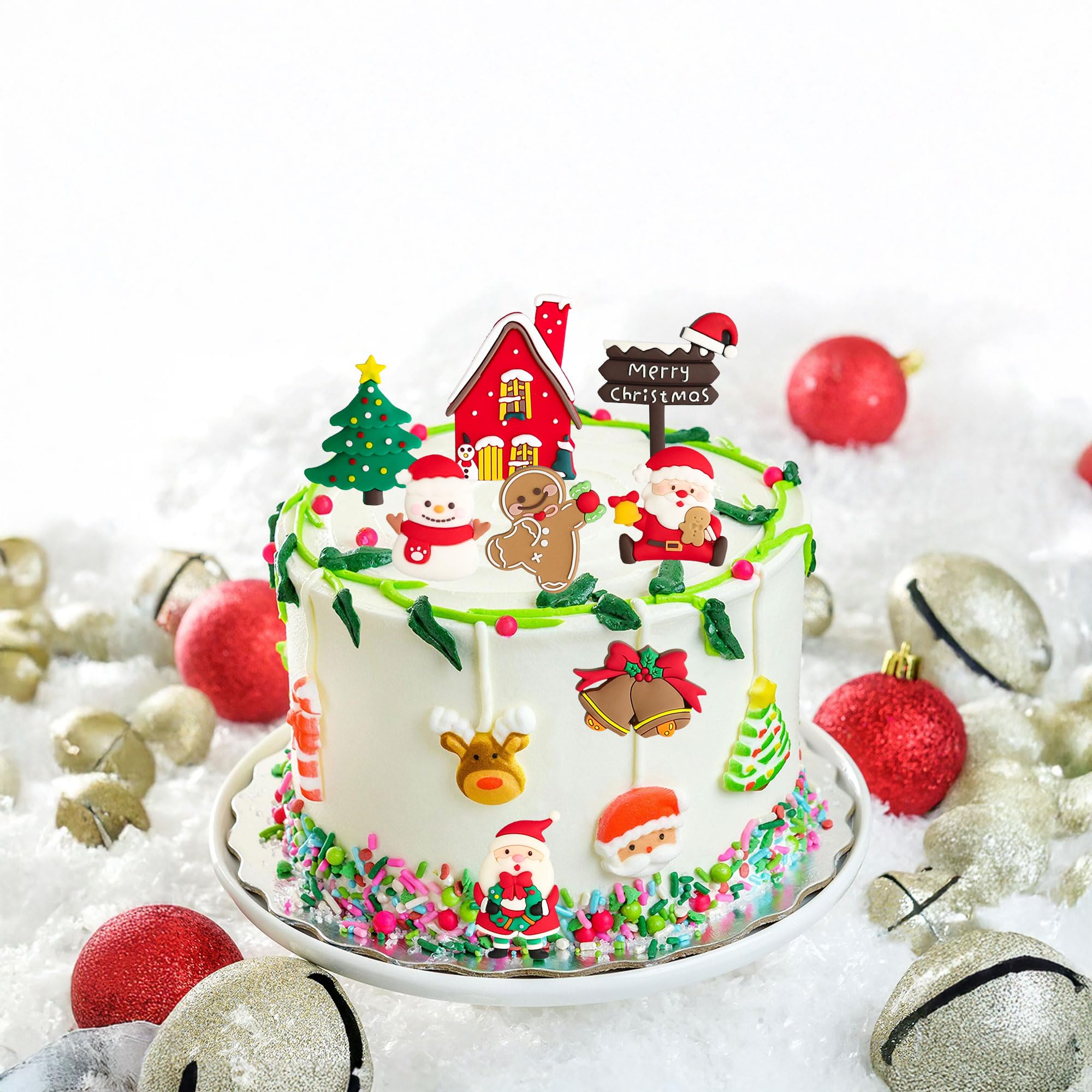 Gyufise 9Pcs Merry Christmas Cake Topper Set Gingerbread Man Santa Claus Bells Cake Pick Golden Deer Xmas Tree Cake Decorations for New Year Christmas Party Supplies Multi 3 - Image 4