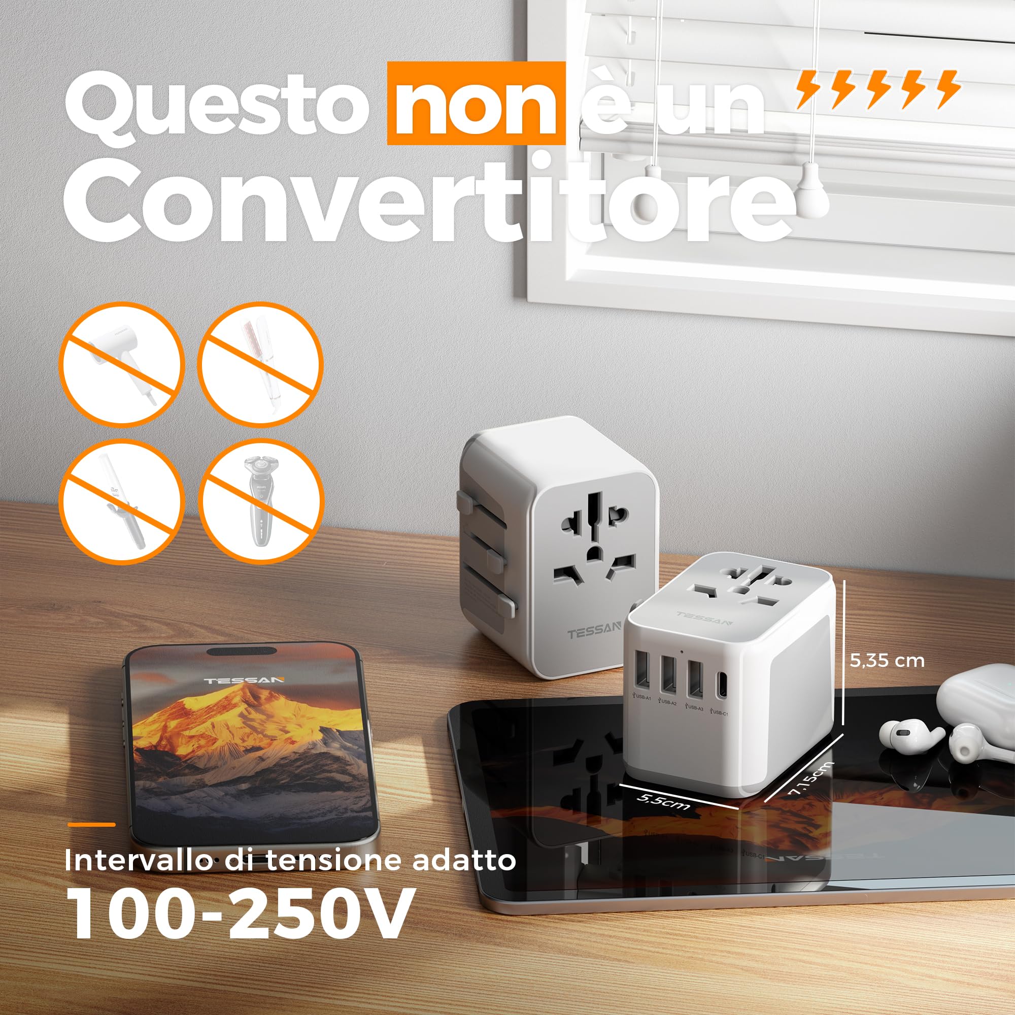 TESSAN Adattatore Universale da Viaggio, Presa Universale da Viaggio con 3 USB A e 1 USB C, Adattatore Spina Internazionale per Americana USA Giapponese UK Inglese Australia Messico Tailandia