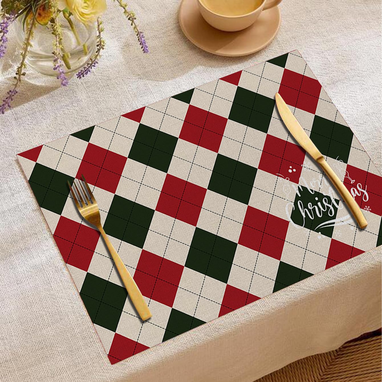 Platzsets Abwaschbar Grüne Rote Gitter Tischsets Abwaschbar 6er Set Tischsets Platzsets Hitzebeständig Platzdeckchen rutschfest Platzsets Platzdeckchen Stoff 45x30 cm