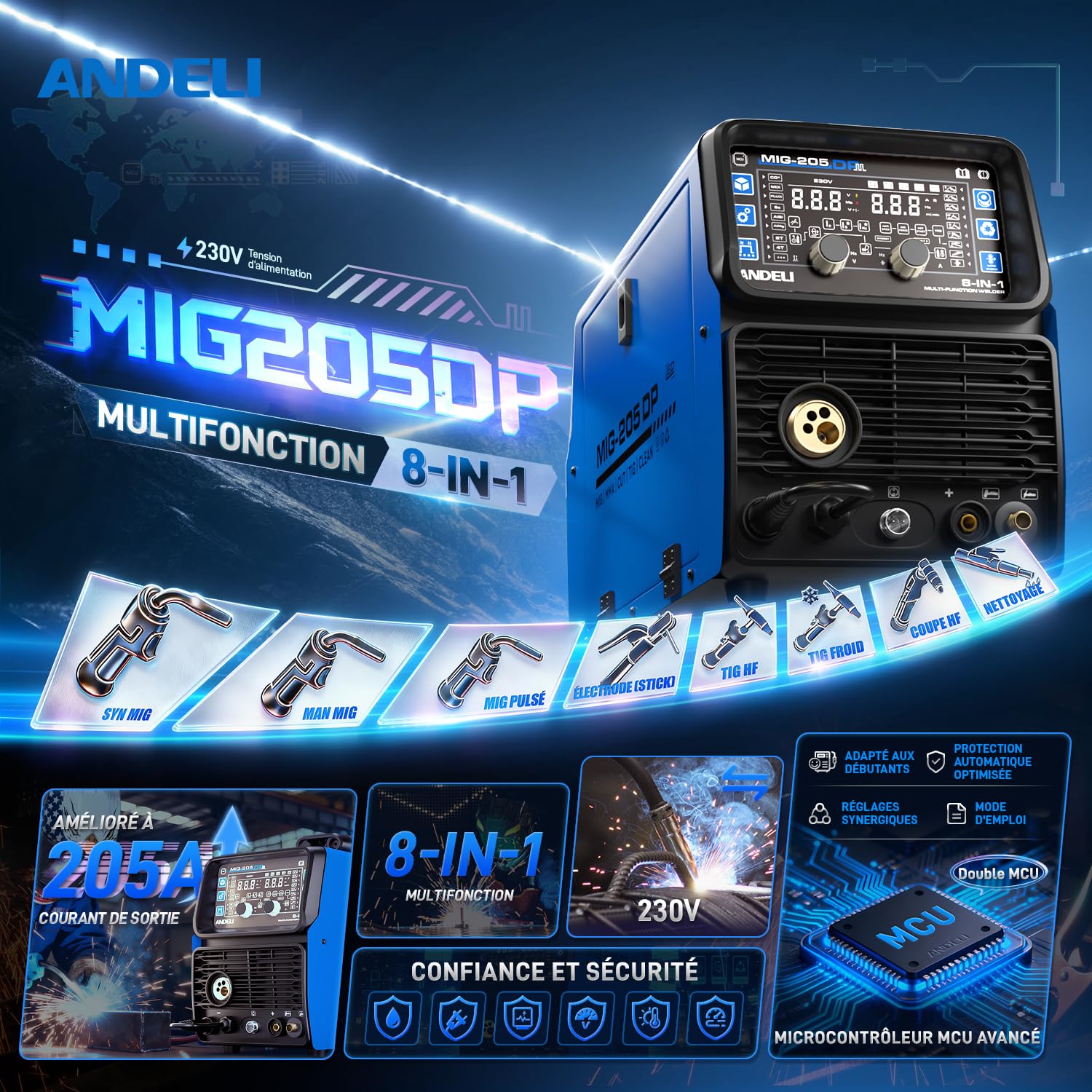 ANDELI 8-in-1 Saldatrice multifunzione 230V - 205A/50A MIG/TIG HF/Plasma | MIG-205DP, Pulsato/Gas/Filo/Pulizia/Freddo/MMA, IGBT, 2T/4T, per Alluminio/Acciaio/Inox, Plasma 50A, Memoria, display HD-LED
