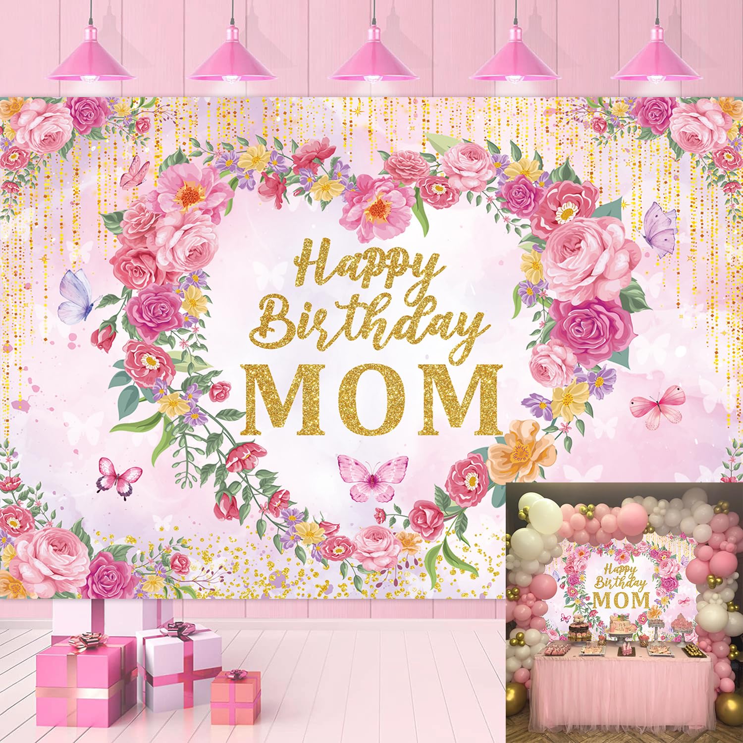 Happy Birthday Mom Backdrop Pink Flower Heart Glitter Mother's Day Decor Photography Background Mom's Birthday Backdrop for Women Party Decorations