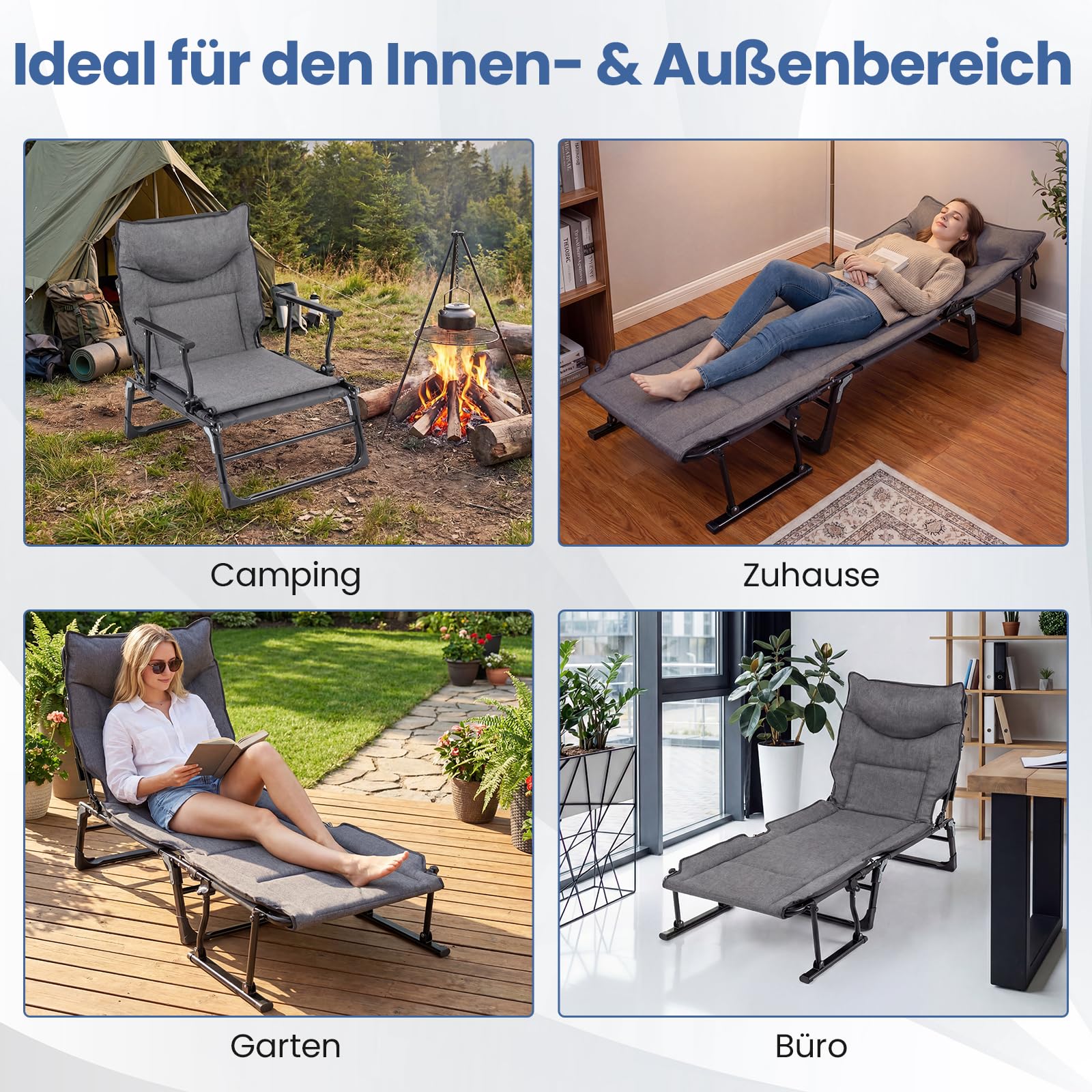COSTWAY Sonnenliege klappbar, 3 in 1 Gartenliege mit Kopfstütze, Verstellbarer Rückenlehne, Liegestuhl bis 200 kg belastbar, Campingliege, Klappbett für Garten, Camping, Büro
