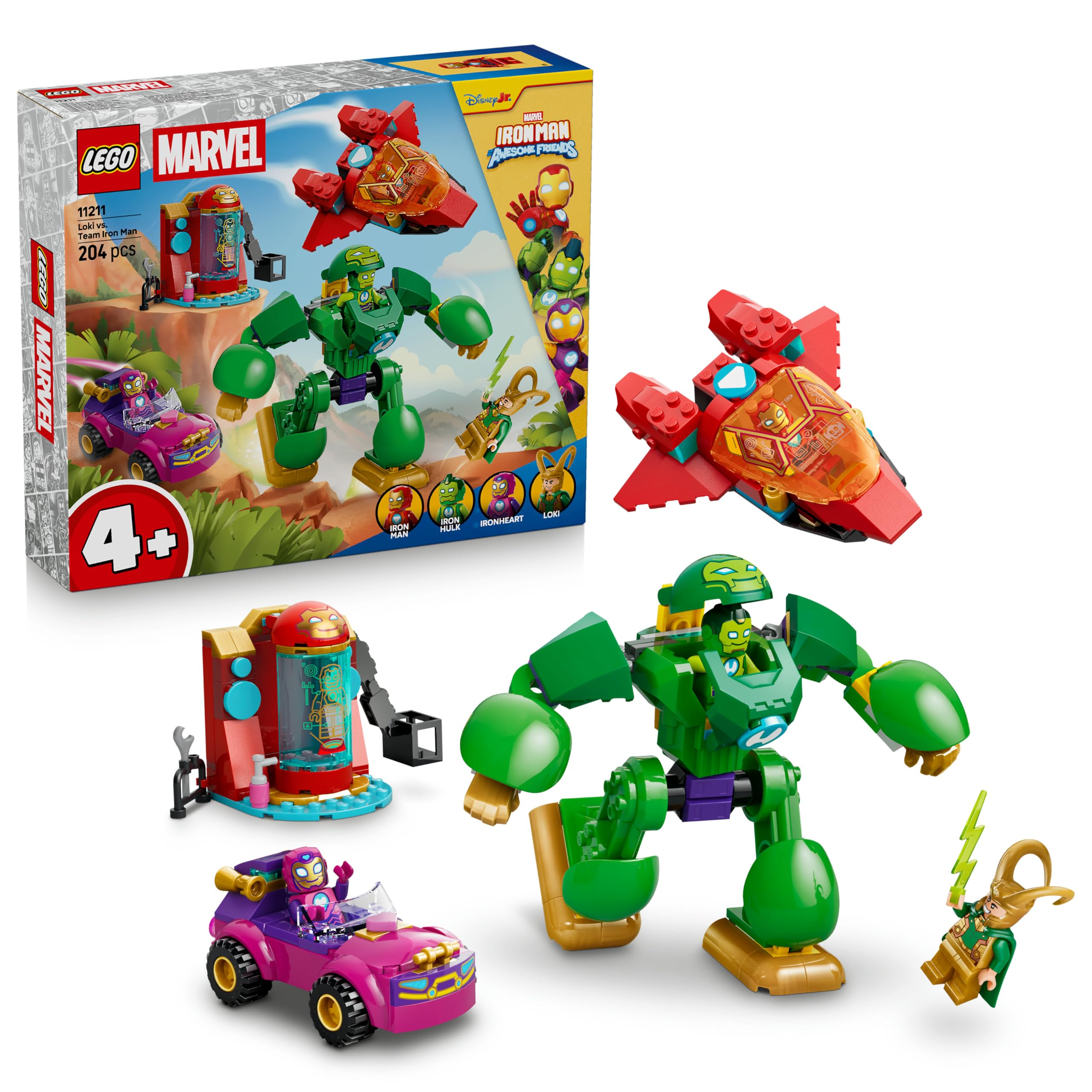 LEGO | Marvel Loki vs. Team Iron Man - Giocattolo da Supereroi con Auto, Aereo, Action Figure Mech e 4 Minifigure - Regalo Bambini da 4 Anni Fan dello Show Iron Man e i Suoi Fantastici Amici - 11211