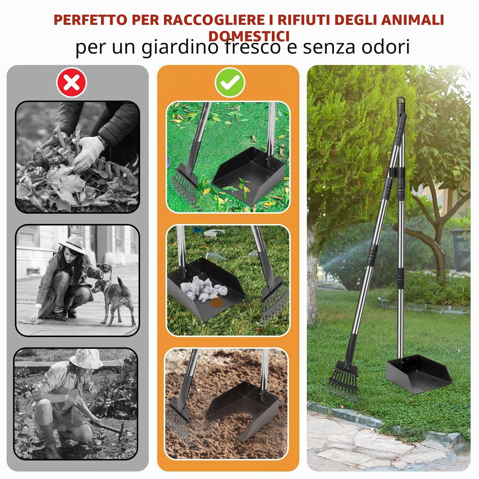 Raccogli Cacca Cane con Manico Lungo da 96 cm – Set con rastrello e Vassoio in Metallo Staccabili – per Cani Grandi, Medi e Piccoli – Ideale per Giardino, Erba, Terra o Ghiaia