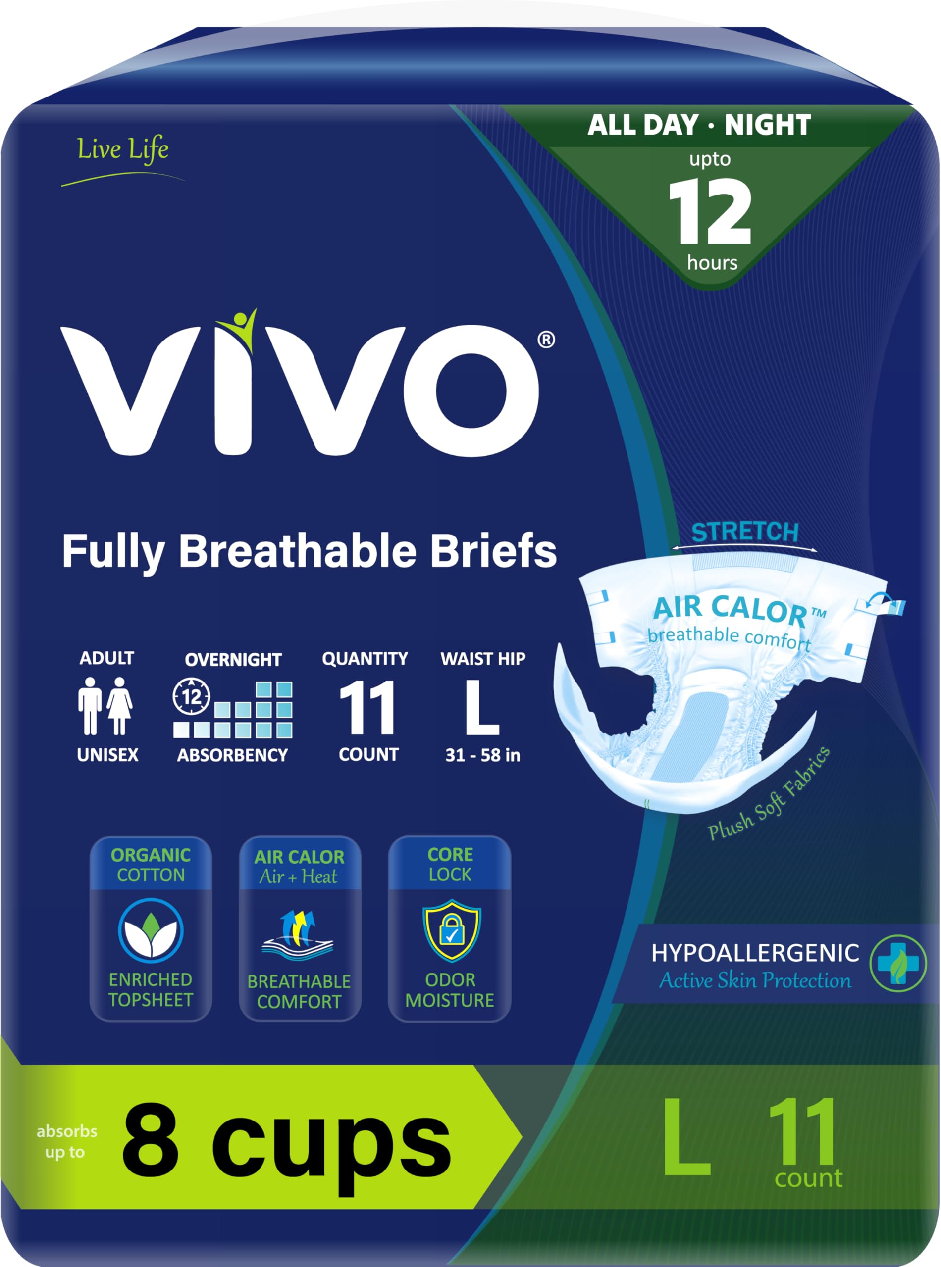 VIVO Organic Cotton Overnight Sensitive Skin Adult Incontinence Diaper Briefs with Tabs, Large 11 Count