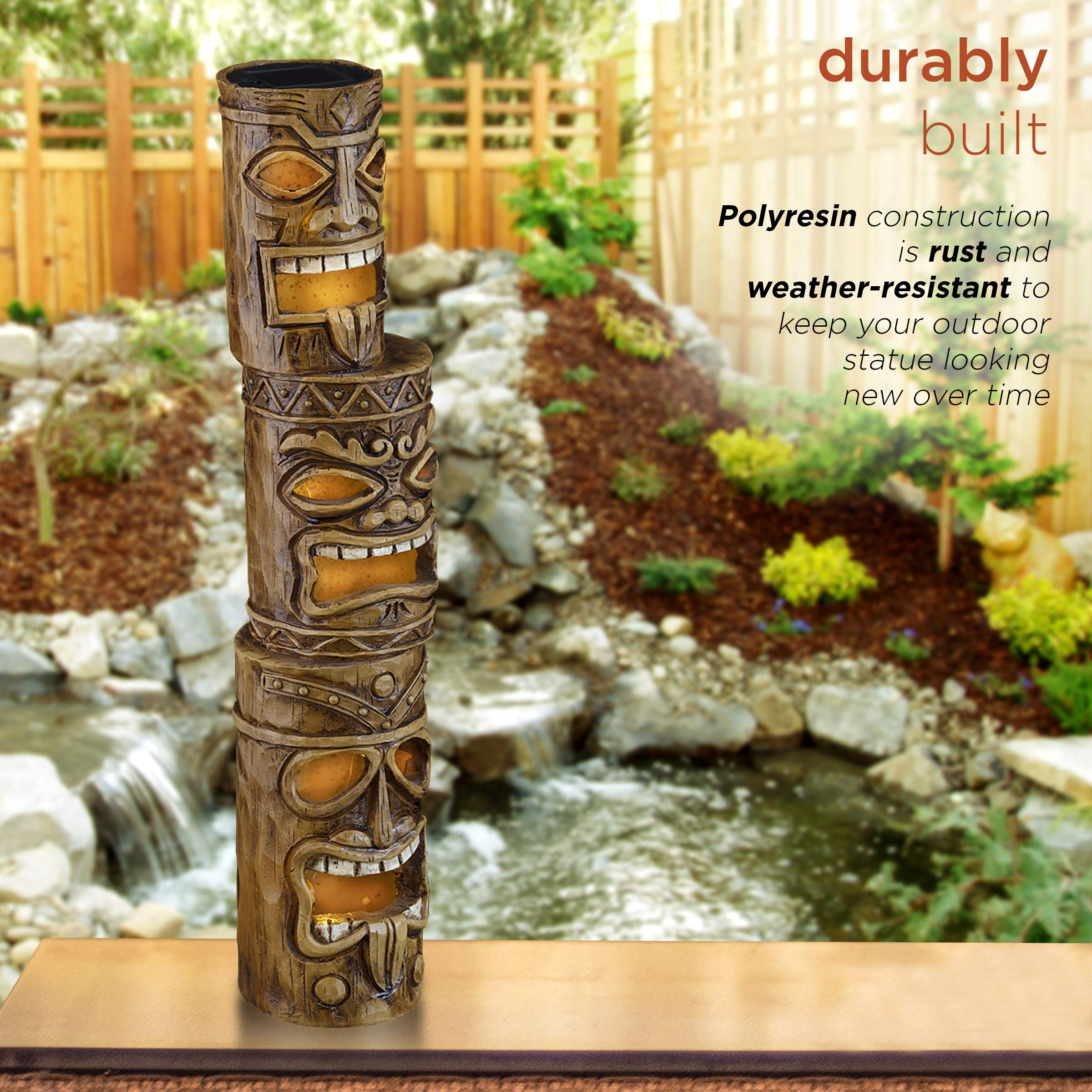 Alpine Corporation 19" Tall Outdoor 3-Tier Tiki Totem Statue with Solar LED Lights Yard Decoration Multicolor