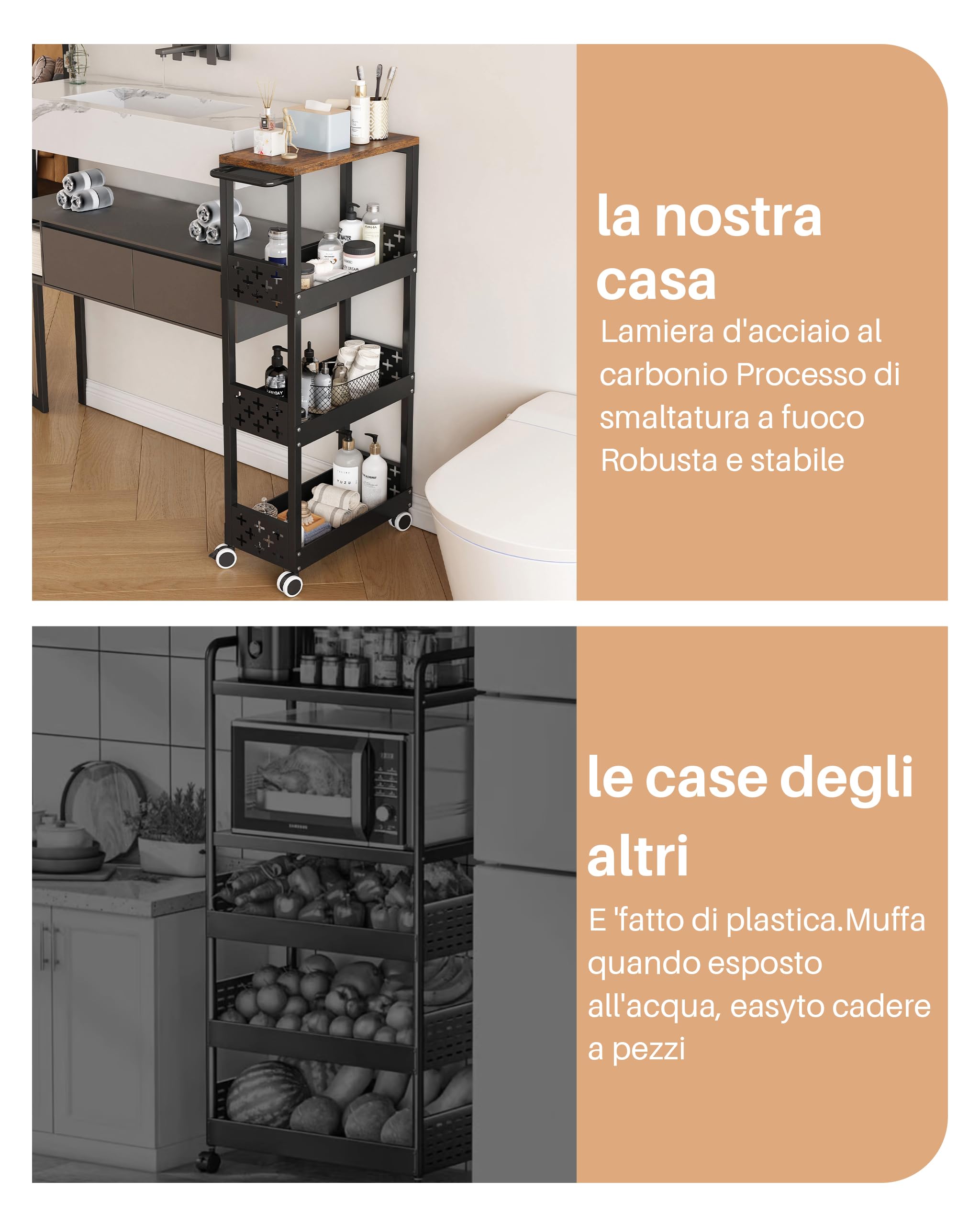 UMDONX Carrello con Ruote Portatutto Stretto a 4 Livelli in Metallo,Nero