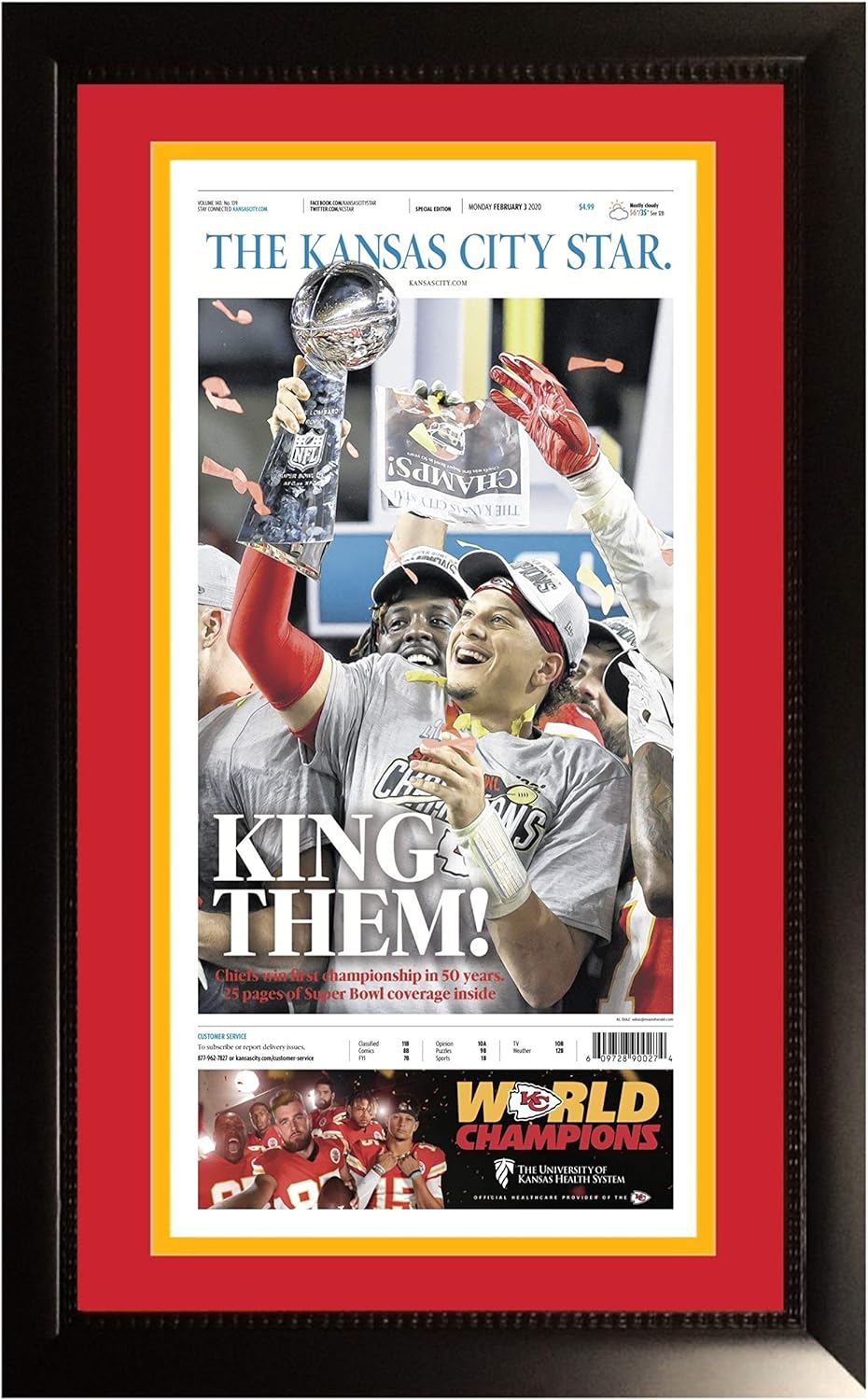Kansas City Chiefs Super Bowl 54 Framed Newspaper | Authentic Kansas City Star Front Page with Patrick Mahomes | Official Sports Memorabilia, Football Wall Art by Powers Sports