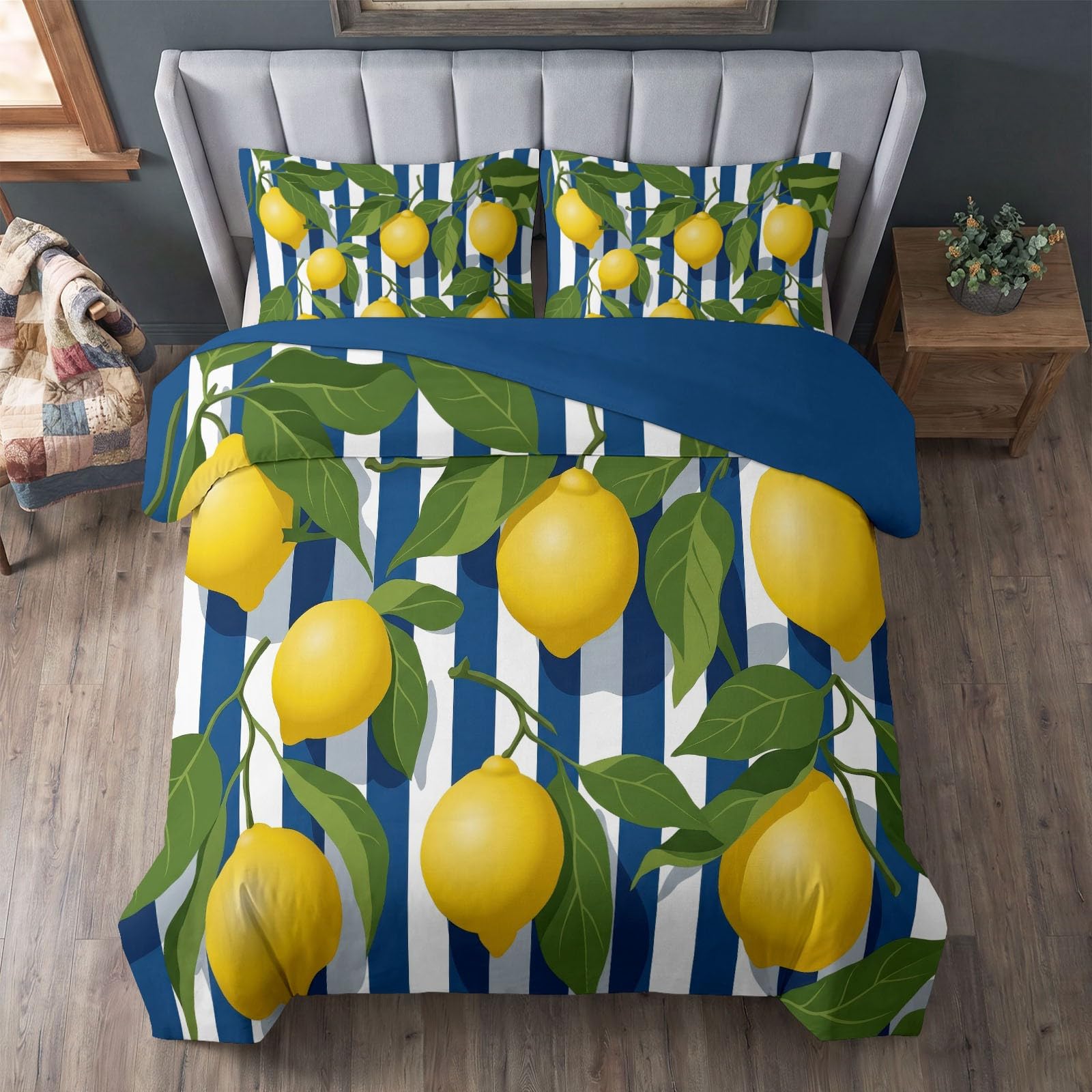 Generisch Bettwäsche Set 3-teilig 200 x 200 cm, Ländlich-Idyllisch Kinderbettwäsche Mikrofaser mit Reißverschluss - Bettbezug Obst Zitrone Grüne Blätter für Jungen Mädchen Blau Bettwaren