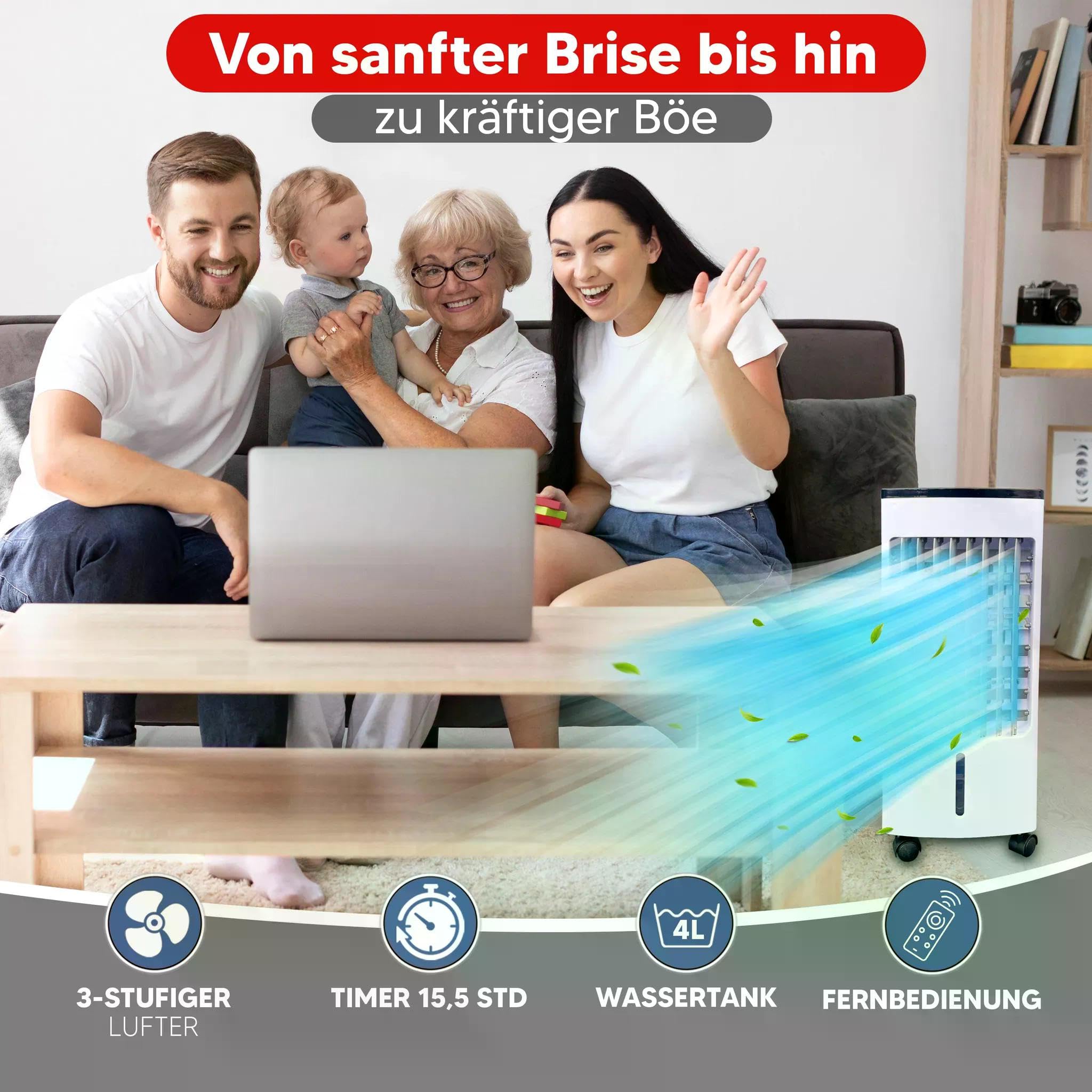 JUNG LIFEAIR Mobile Klimaanlage ohne Abluftschlauch, 3in1 Klimagerät mobil Luftreiniger Luftbefeuchter Wasserkühlung, bis 20 m², 15,5 Std Timer | Luftreiniger Luftbefeuchter Wasserkühlung, bis 20 m², 15,5 Std Timer