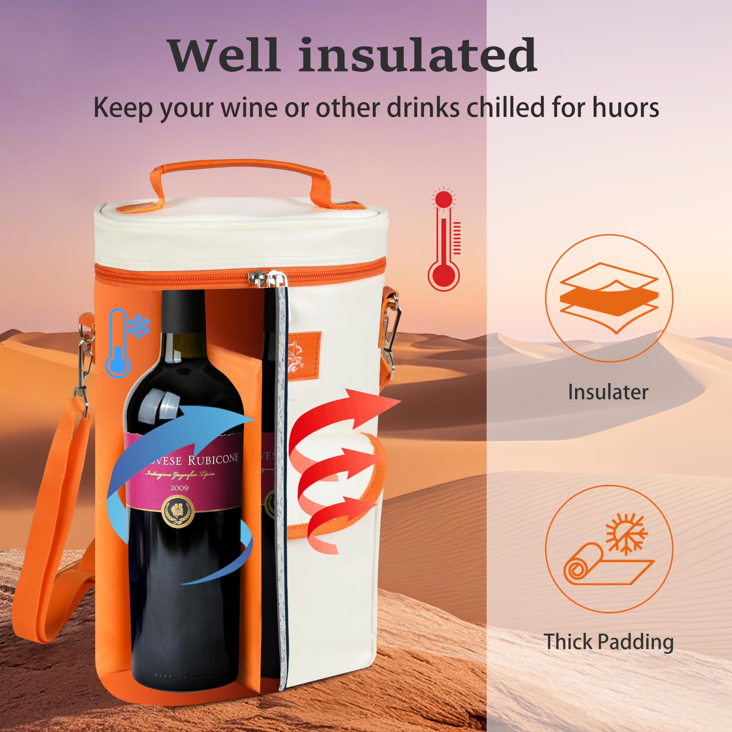 Tirrinia 2 Bottle Wine Gift Tote Carrier - Leakproof & Insulated Padded Versatile Wine Cooler Bag for Travel, BYOB Restaurant, Wine Tasting, Party, Dinner,Gift for Wine Lovers, Beige: White Orange 2 Bottle-with front pocket
