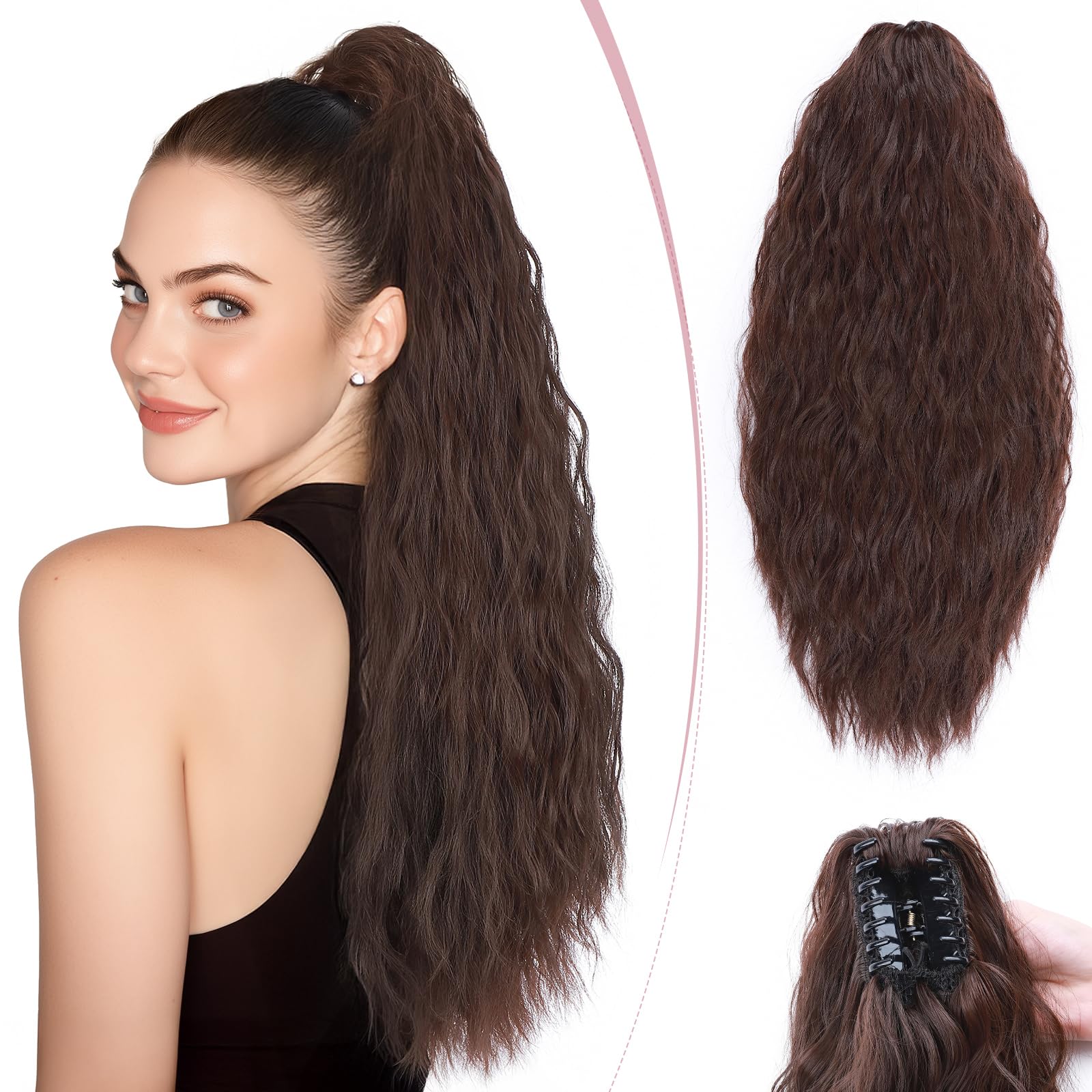 SEGO Pro Claw Clip Ponytail Hair Extensions Synthetic Pony Tail Hair Pieces for Women 24 Inch Wavy 165g (Natural Brown)