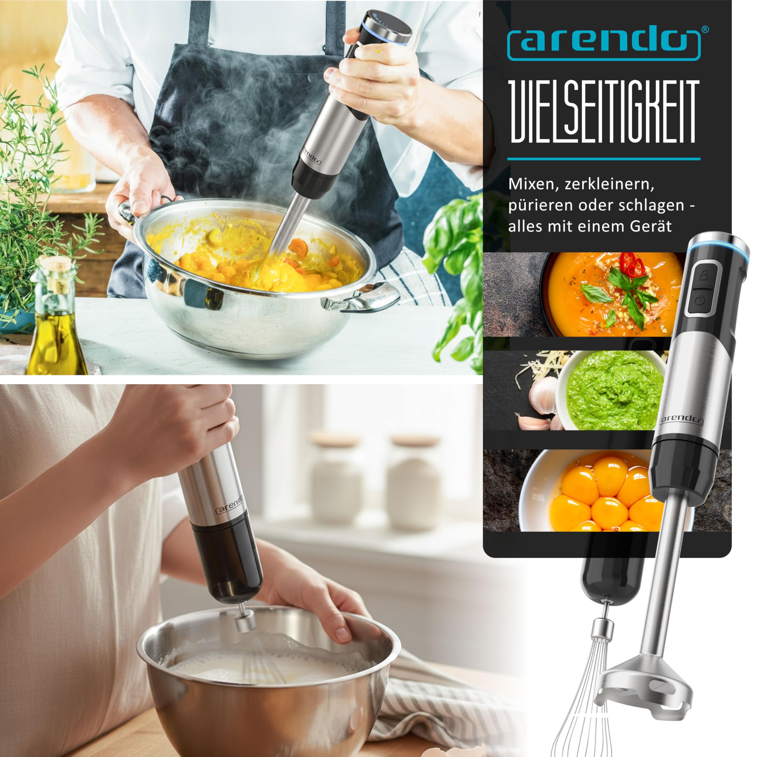 Arendo - Mixeur plongeant sans fil - 200 W - Avec batterie - Batteur à main en acier inoxydable - Batteur à purée - Fouet - Verre doseur - Vitesse continue - Verrouillage des touches - Set