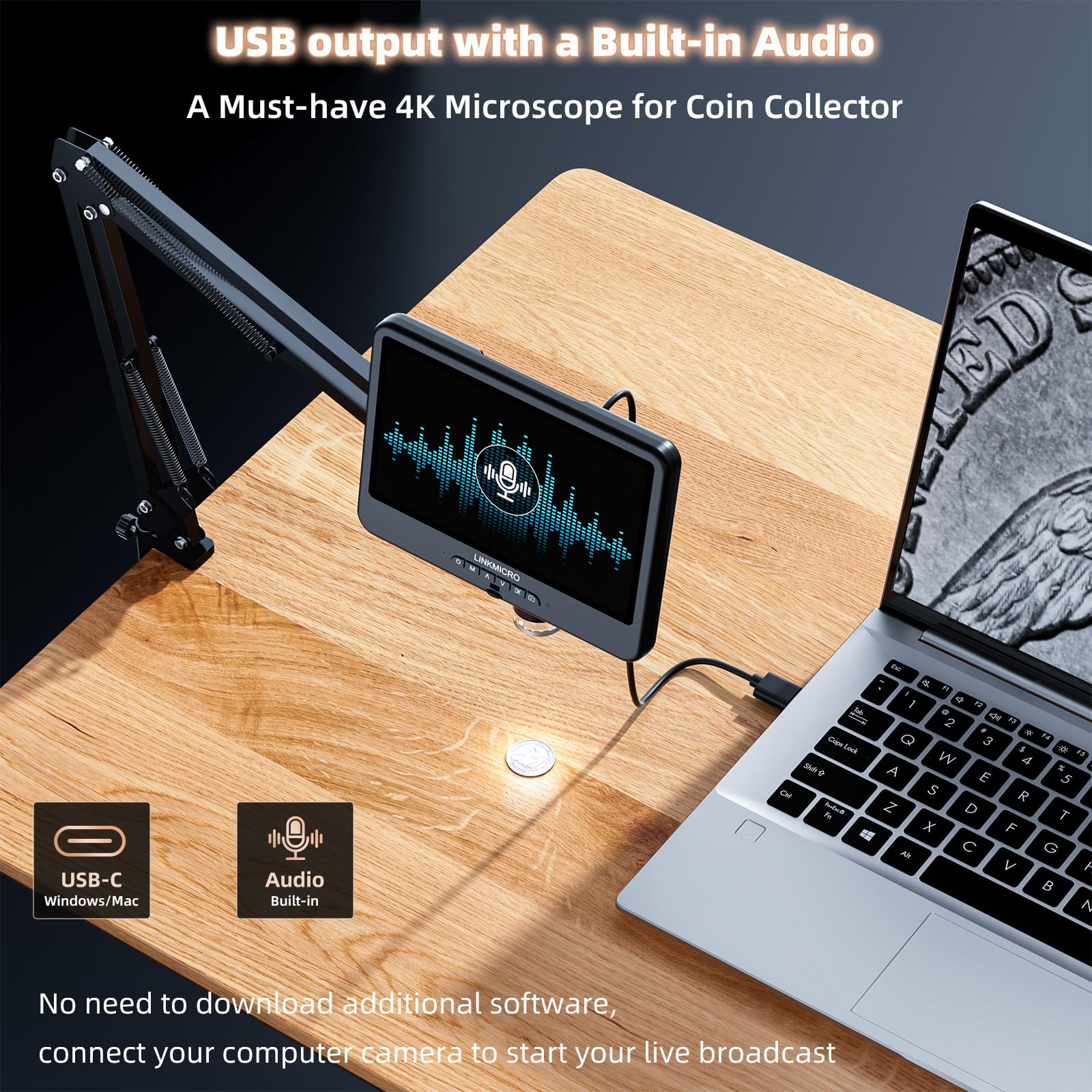 Microscopio digitale 4K 30FPS HDMI 10.1 '' con schermo per riparazione elettronica, LM208S-A 4K fotocamera microscopio saldatura 1500X con supporto braccio flessibile, monete Full View